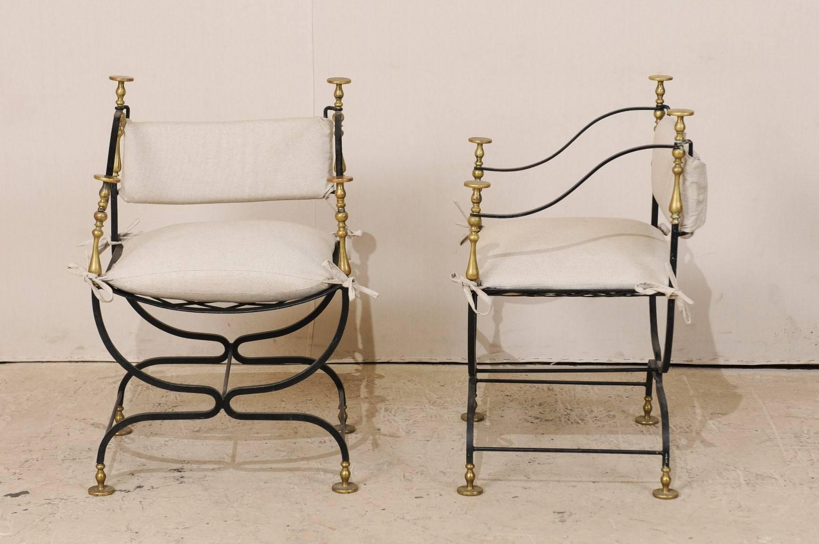 Pair of Italian Mid-Century Brass / Iron Curule Style Accent Chairs with U-Shape 3