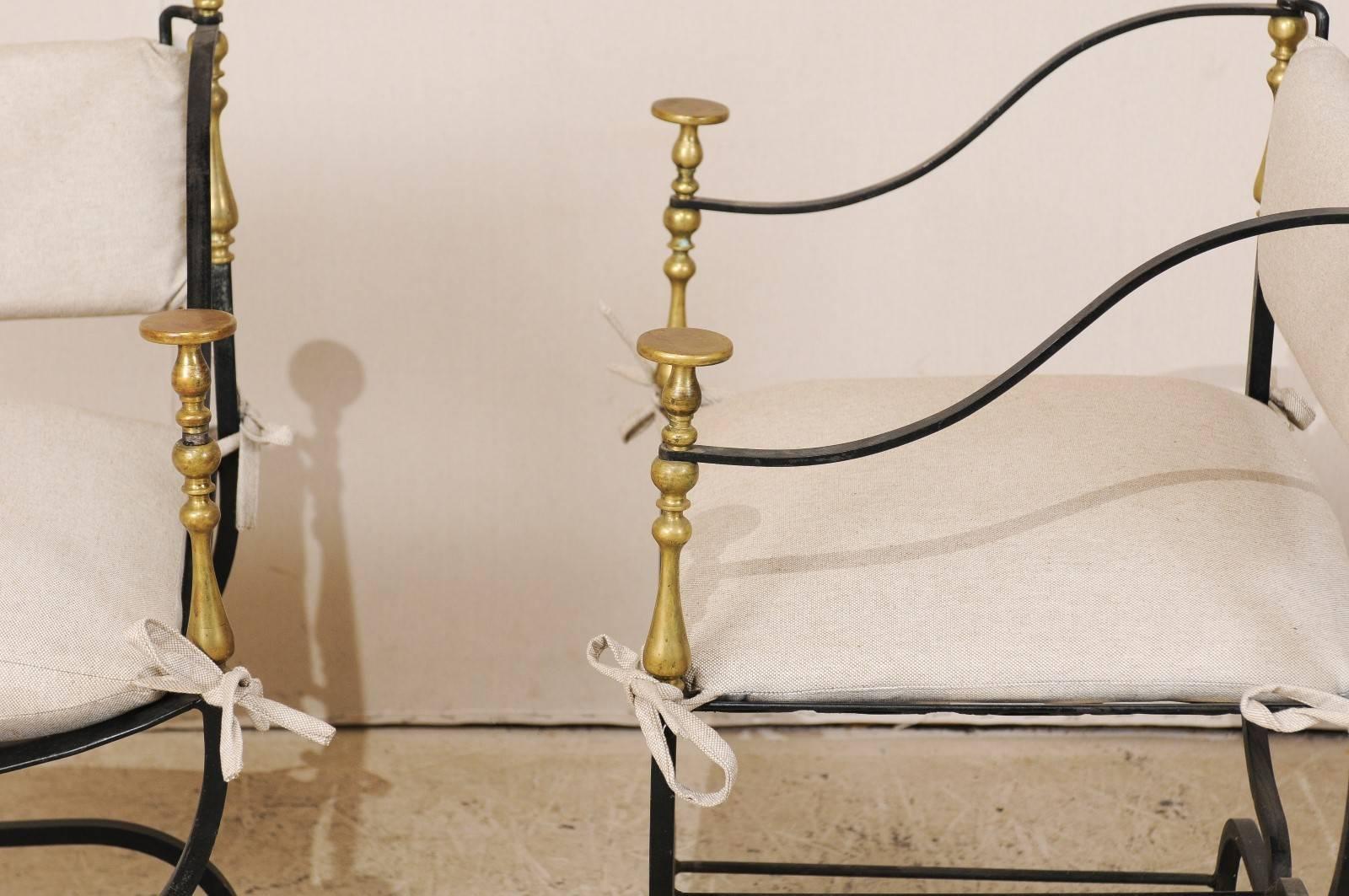 Pair of Italian Mid-Century Brass / Iron Curule Style Accent Chairs with U-Shape 4