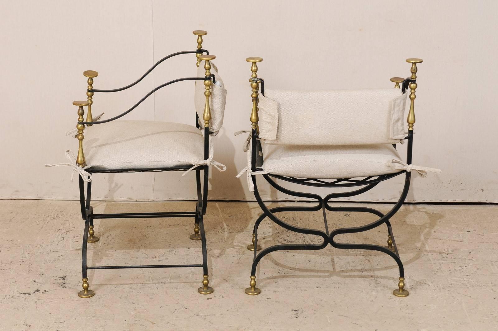 Pair of Italian Mid-Century Brass / Iron Curule Style Accent Chairs with U-Shape 5
