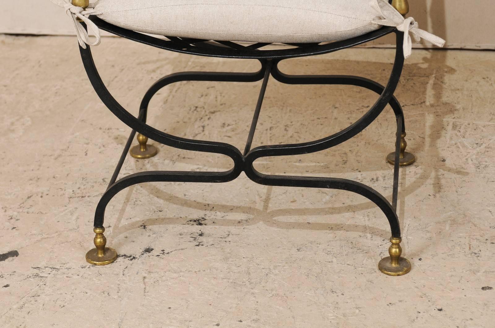 Pair of Italian Mid-Century Brass / Iron Curule Style Accent Chairs with U-Shape 6