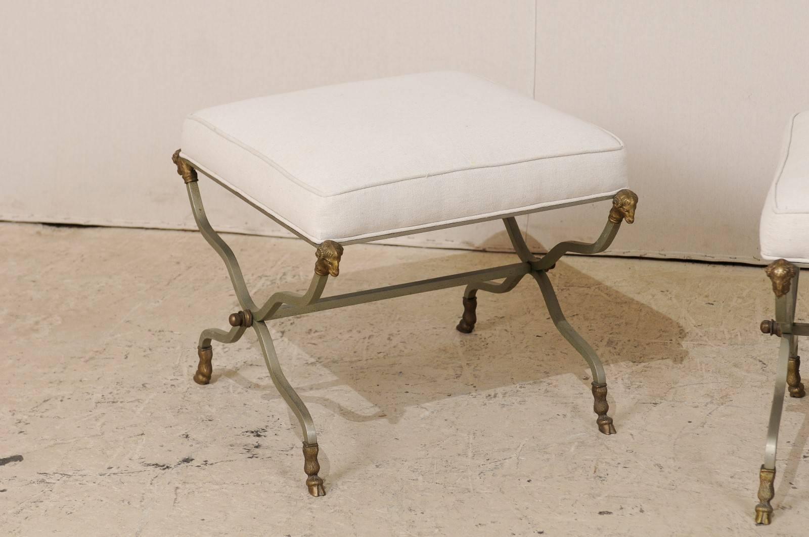 Pair of French Upholstered X-Shaped Stools with Brass Ram Head Motif Accents 1