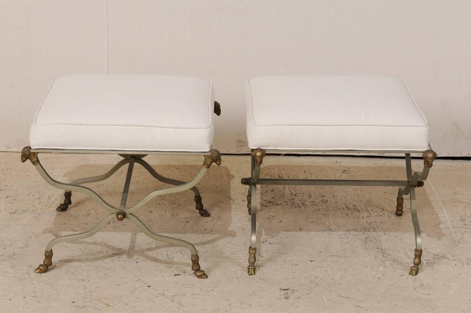 Pair of French Upholstered X-Shaped Stools with Brass Ram Head Motif Accents In Good Condition In Atlanta, GA