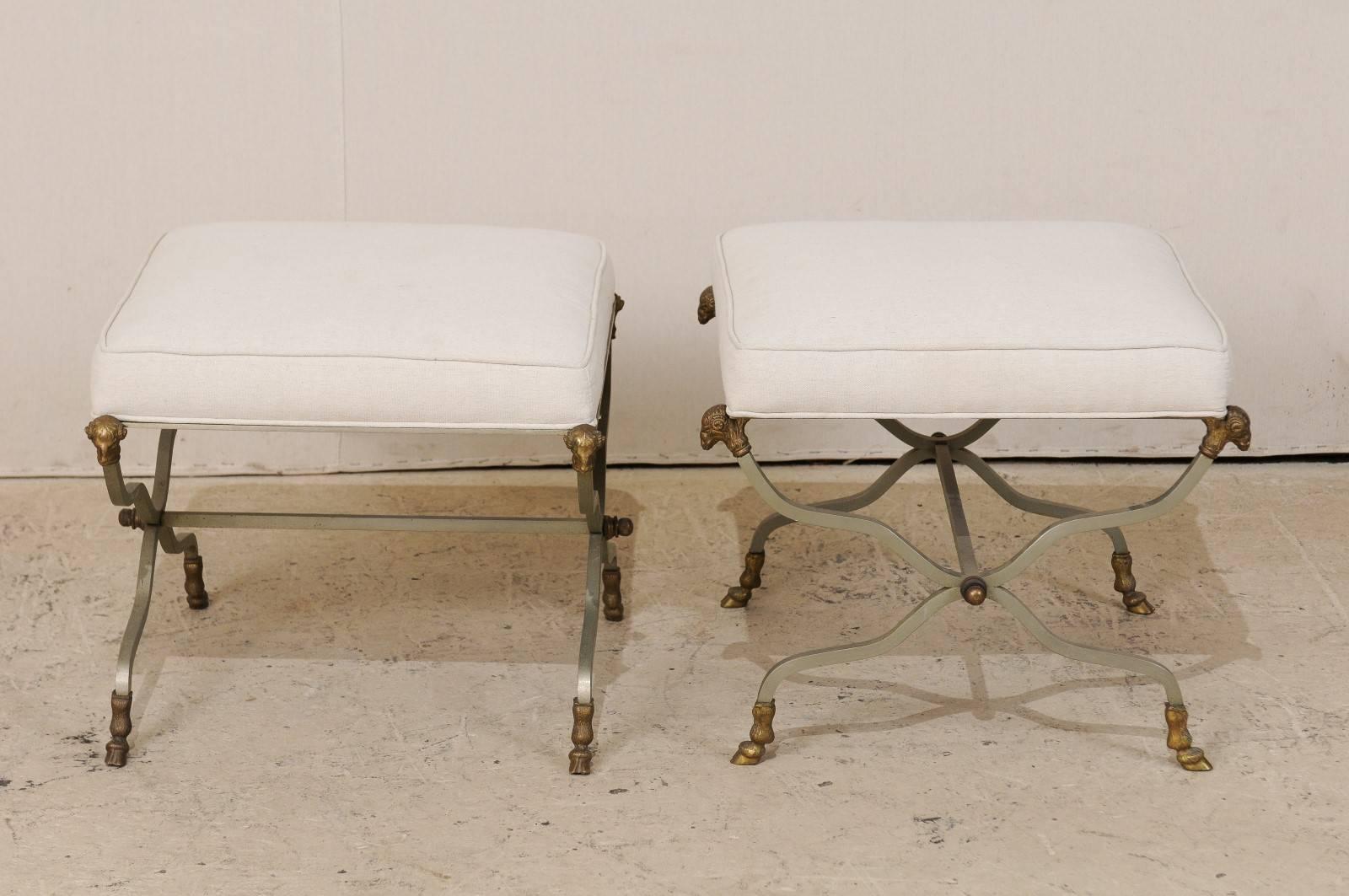 20th Century Pair of French Upholstered X-Shaped Stools with Brass Ram Head Motif Accents
