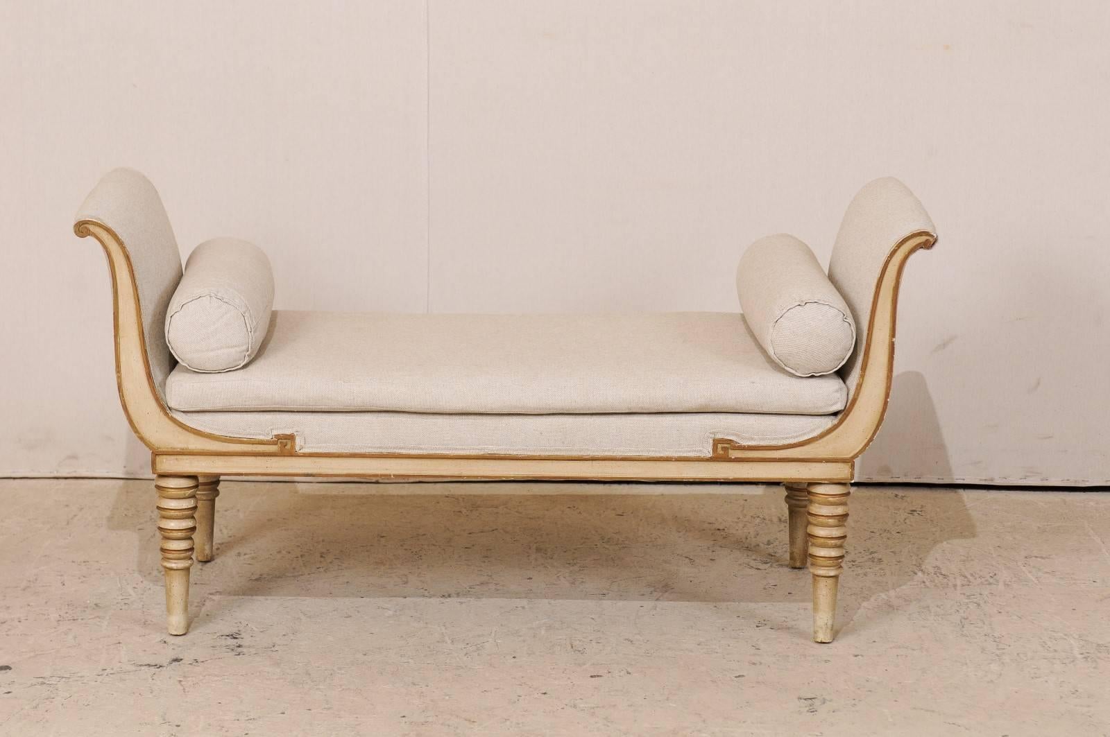 Carved French Récamier Style Daybed, Sofa or Bench with Bolster Pillows and Turned Legs