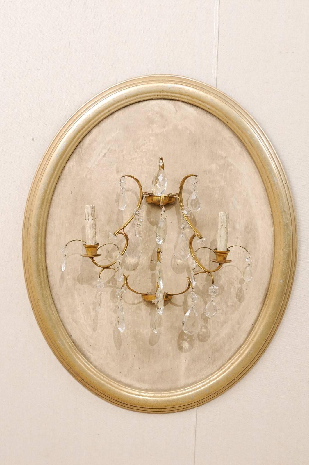 Swedish Pair of Neutral Cream Colored Crystal Sconces on Oval Wood Plaques, Two-Light