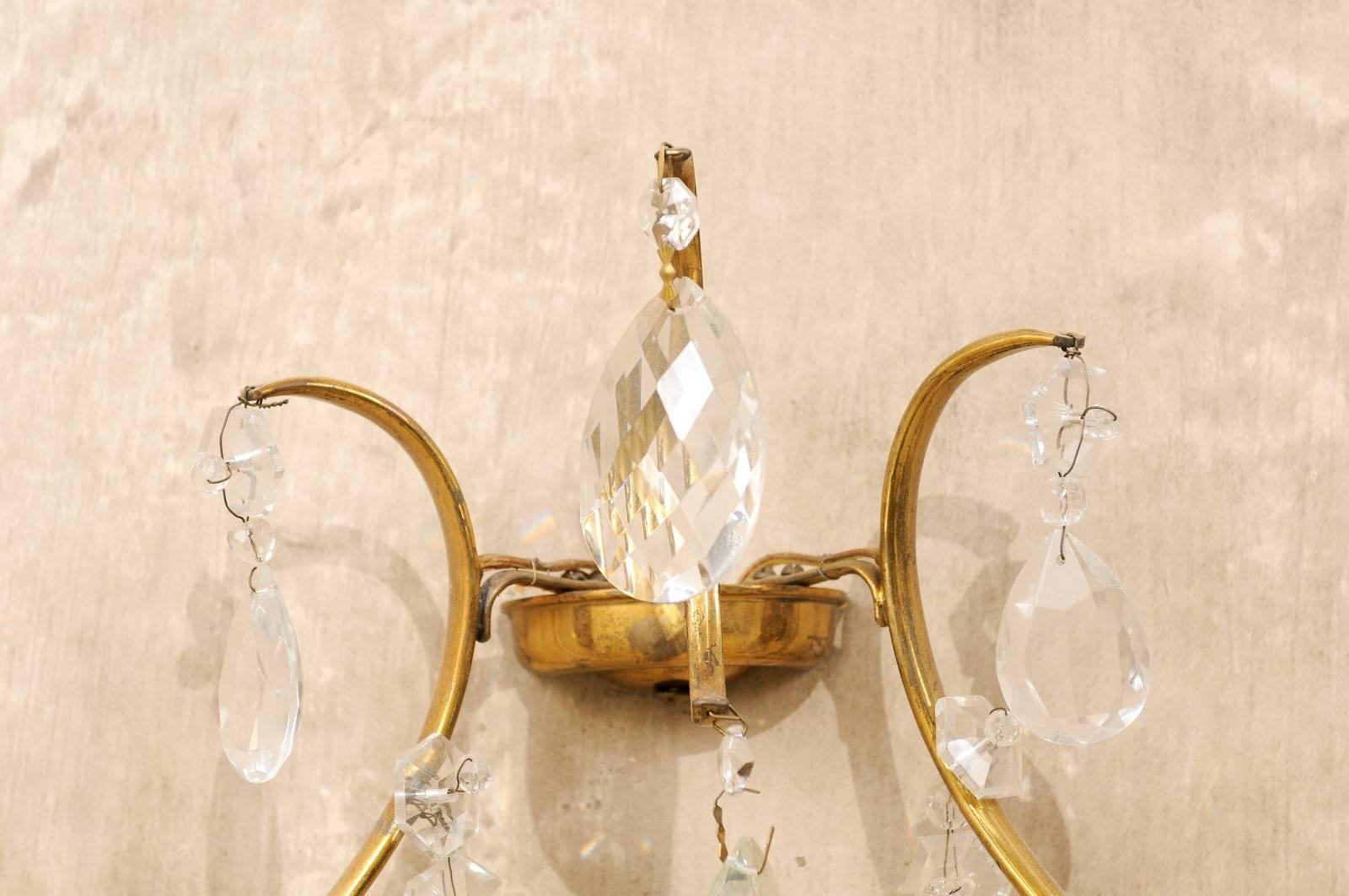 Iron Pair of Neutral Cream Colored Crystal Sconces on Oval Wood Plaques, Two-Light