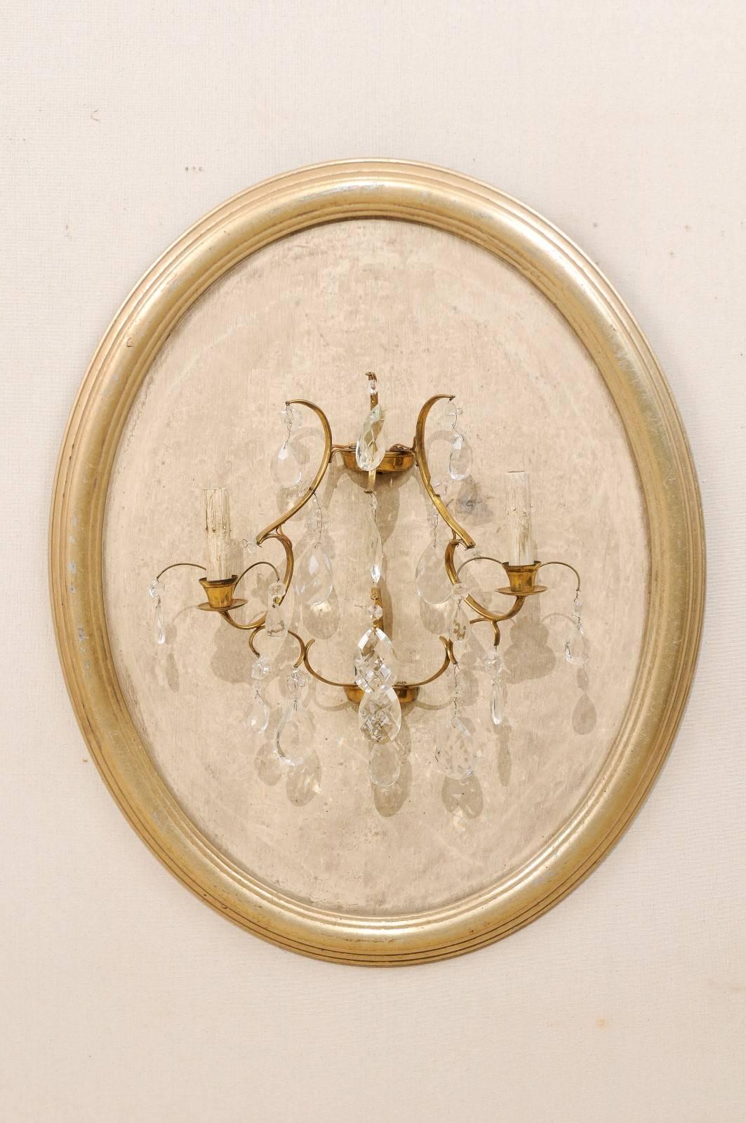 Painted Pair of Neutral Cream Colored Crystal Sconces on Oval Wood Plaques, Two-Light