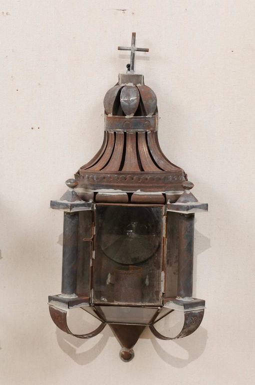 Pair of Mexican Dark Colored Patinated Single Candle Sconces with Crosses For Sale at 1stdibs