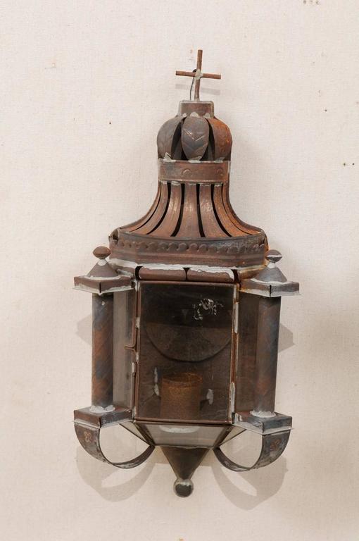 Pair of Mexican Dark Colored Patinated Single Candle Sconces with Crosses For Sale at 1stdibs