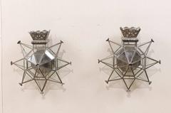 Pair of Mexican Star Shaped Single Candle Sconces of Old Tin and Glass