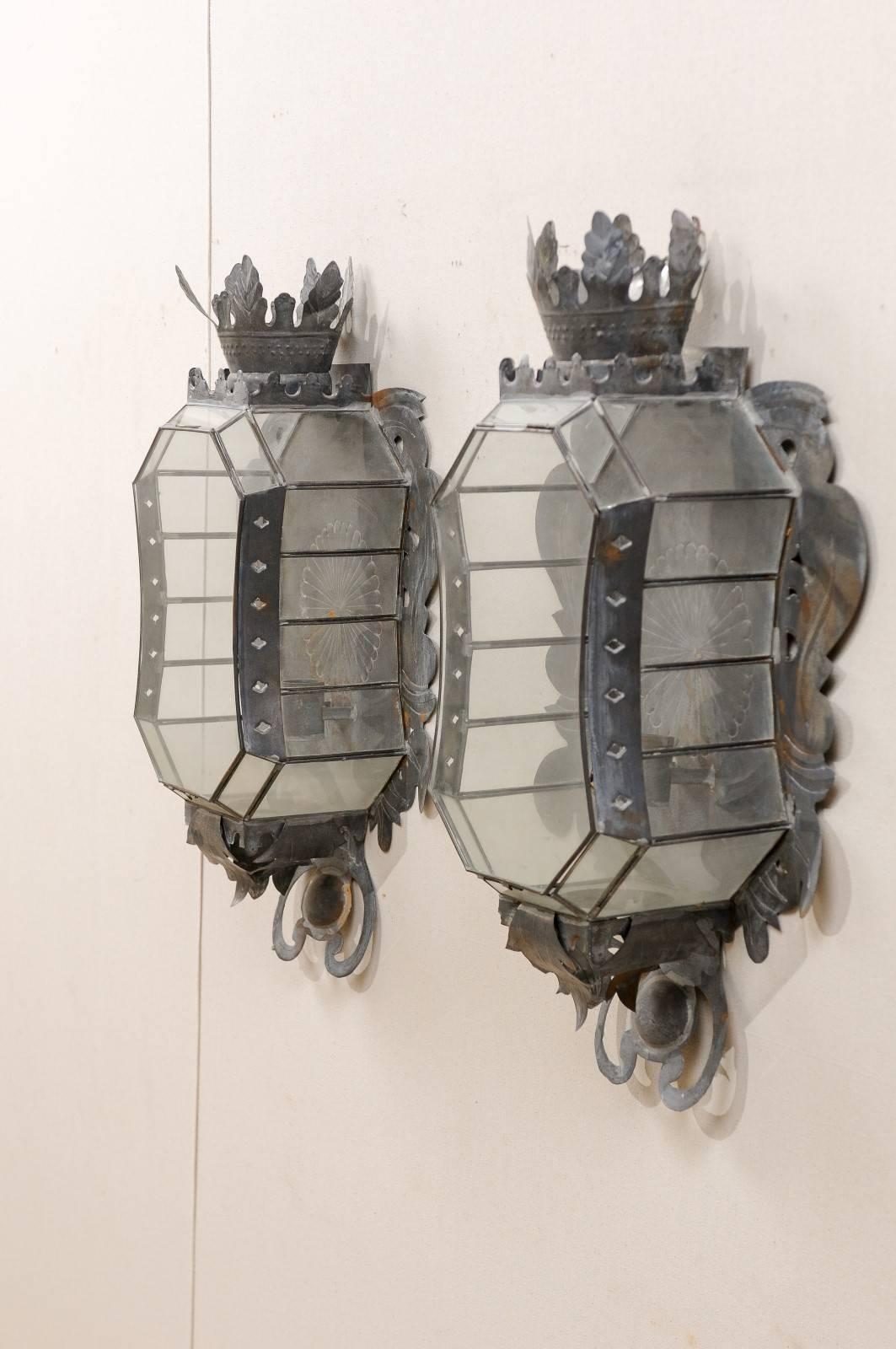 Hand-Crafted Pair of Mexican Single Candle Folk Art Sconces, Handcrafted from Tin & Glass