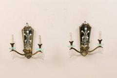 Pair of French Two-Light Mirrored Sconces with Églomisé Etched Floral Details