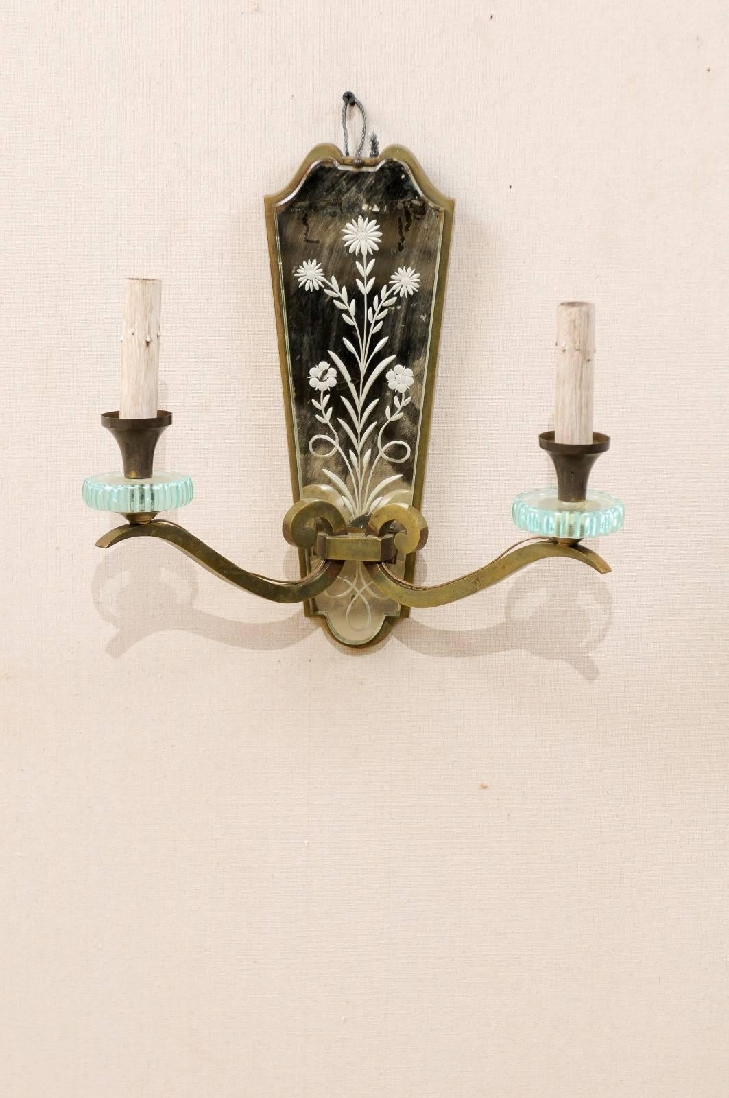 Metal Pair of French Two-Light Mirrored Sconces with Églomisé Etched Floral Details