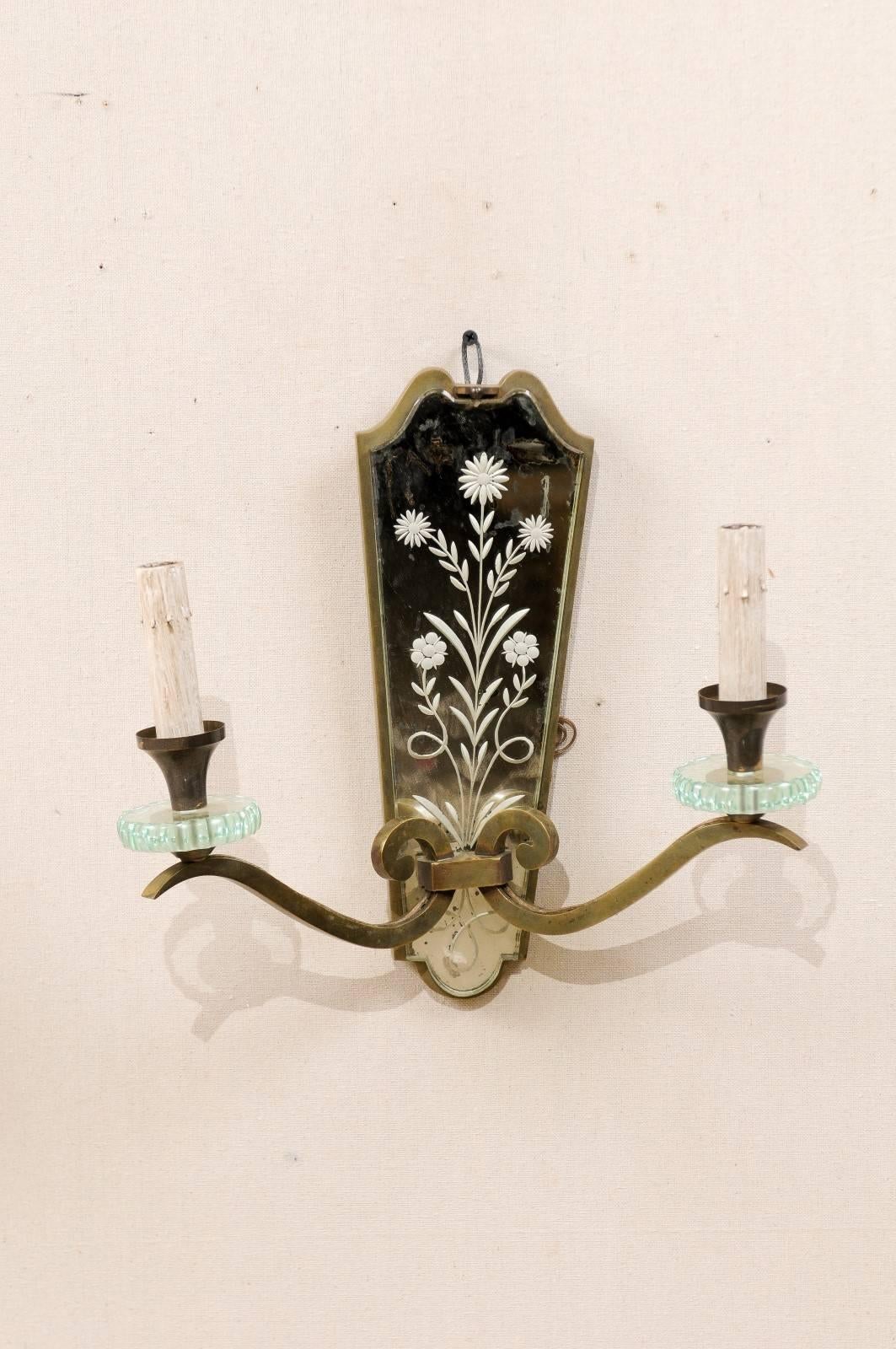 20th Century Pair of French Two-Light Mirrored Sconces with Églomisé Etched Floral Details