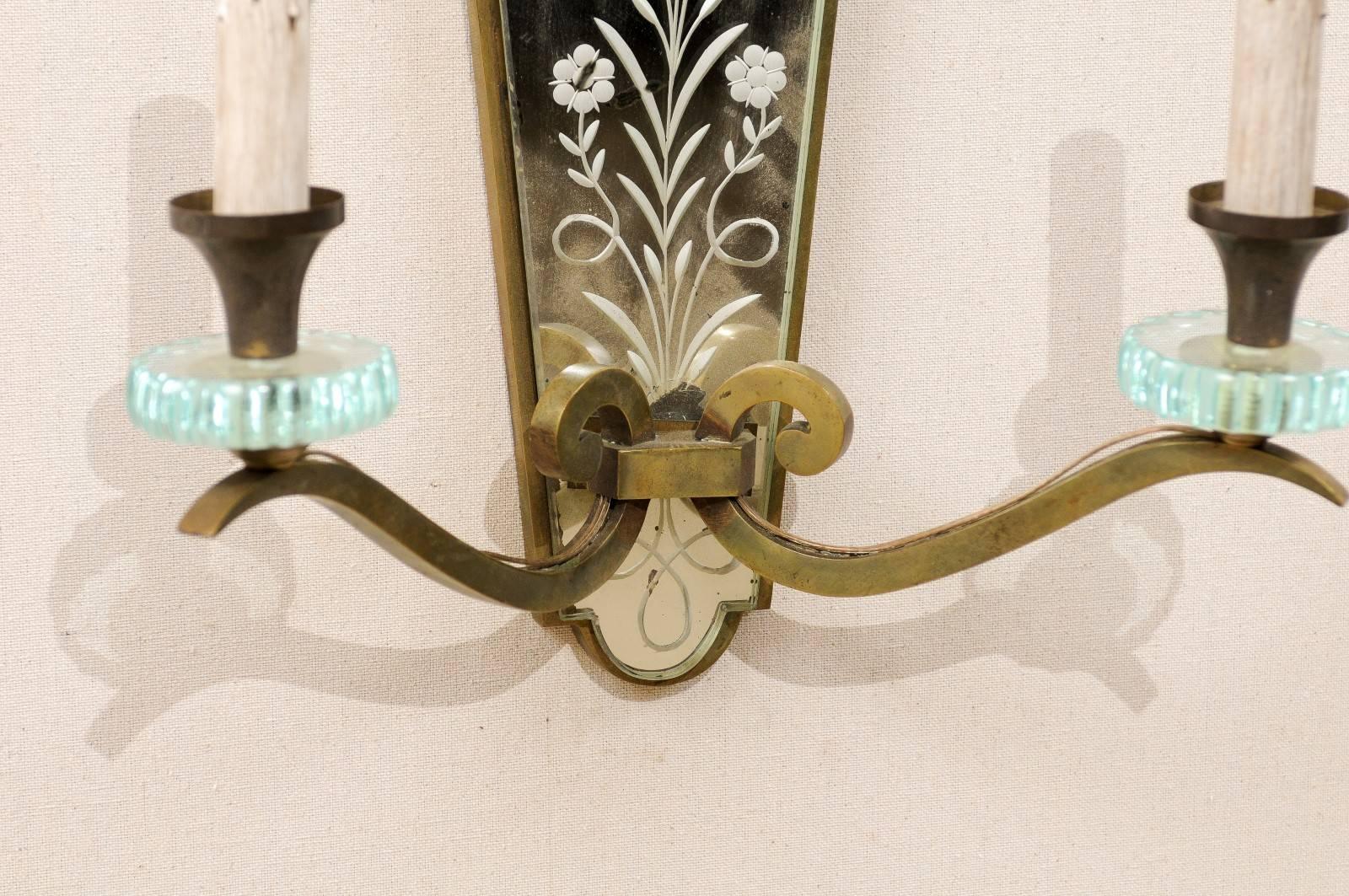 Pair of French Two-Light Mirrored Sconces with Églomisé Etched Floral Details 3