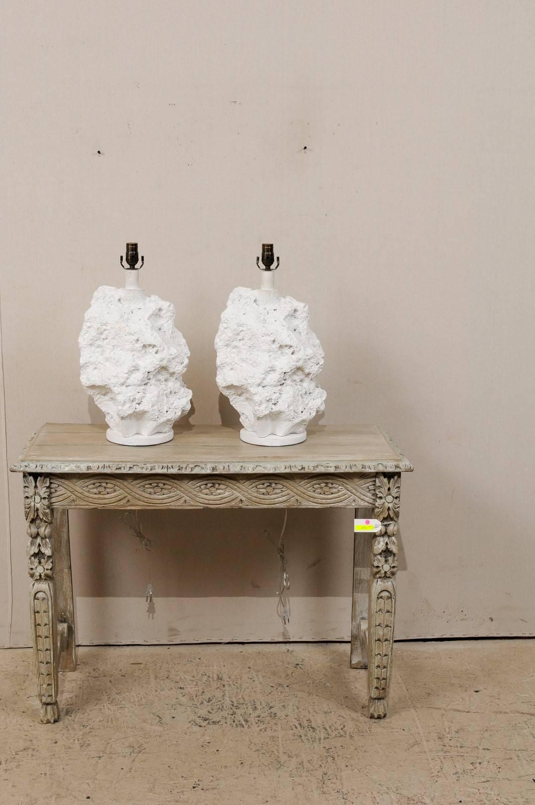 American Pair of Sirmos Style White Table Lamps, Modern Sea Rock-Like Look of Plaster