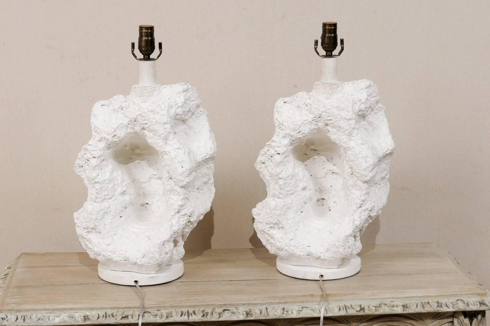 Metal Pair of Sirmos Style White Table Lamps, Modern Sea Rock-Like Look of Plaster