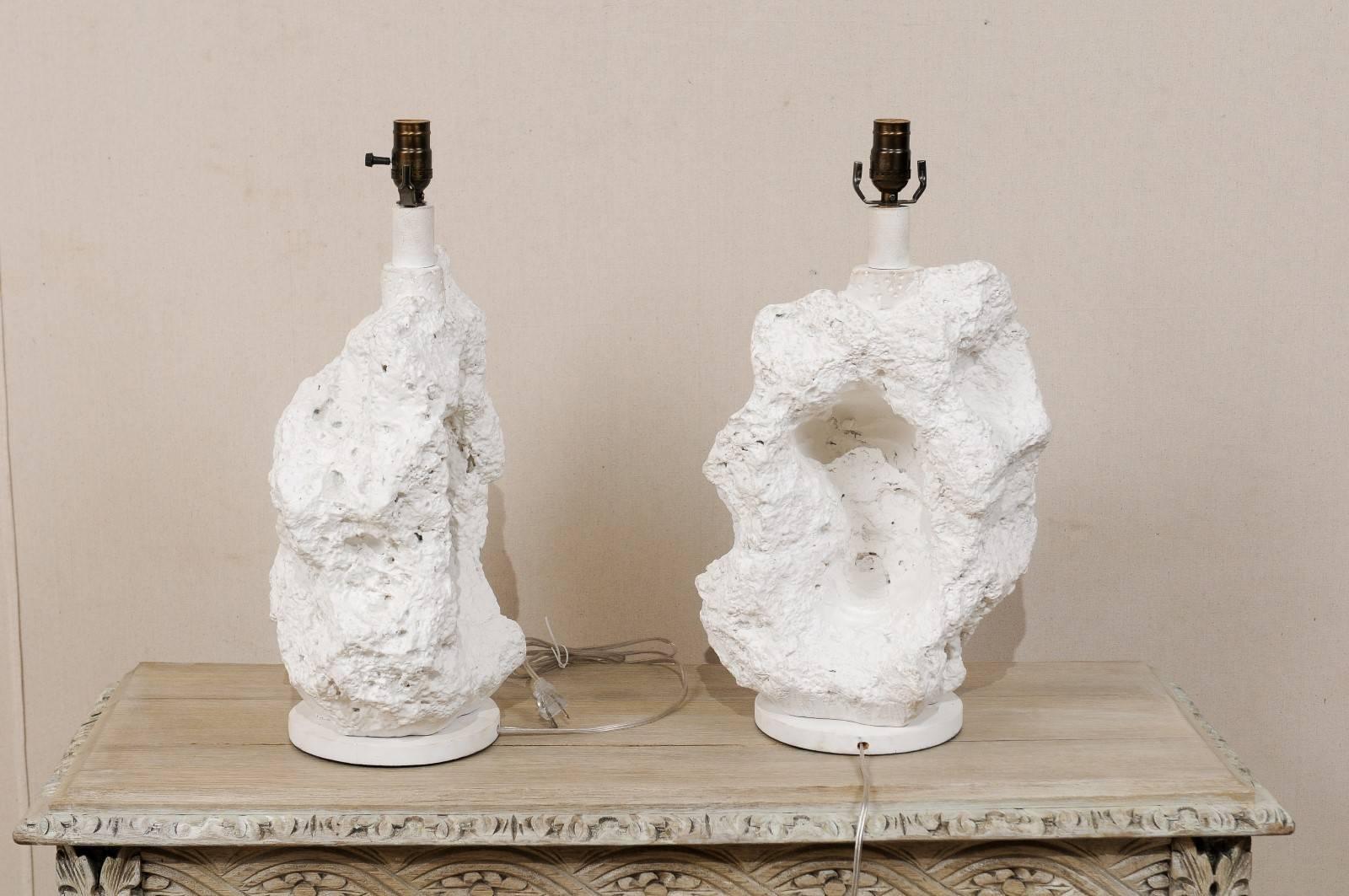 Painted Pair of Sirmos Style White Table Lamps, Modern Sea Rock-Like Look of Plaster