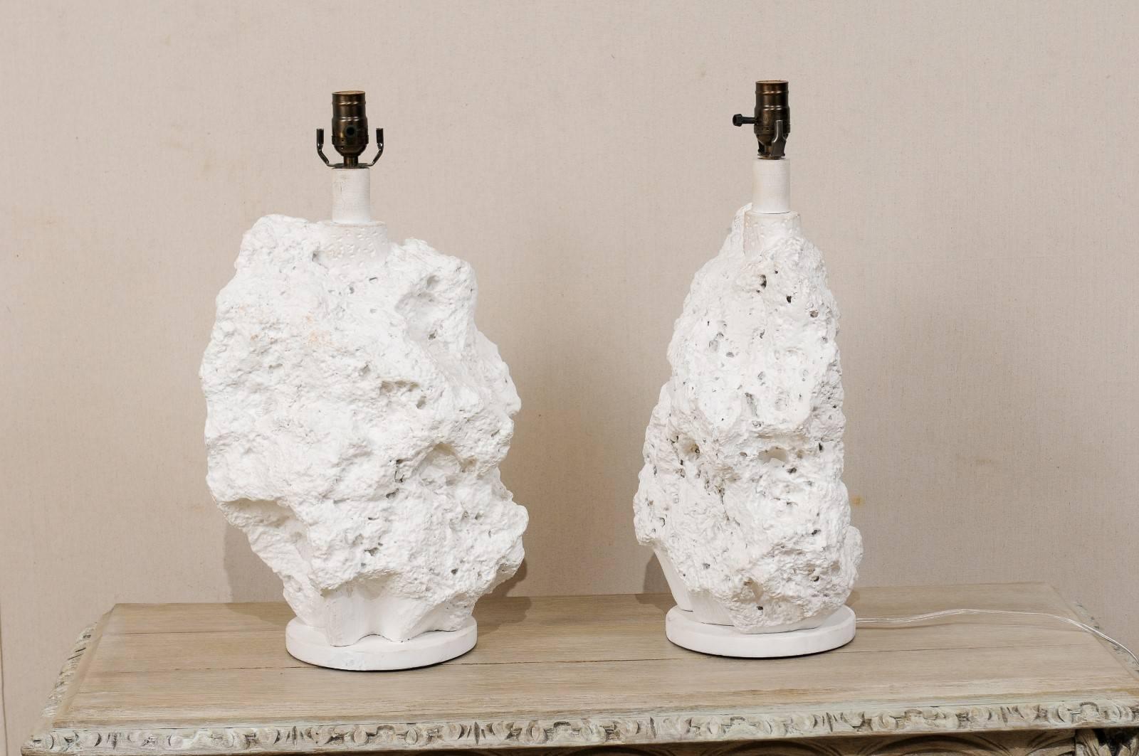 Pair of Sirmos Style White Table Lamps, Modern Sea Rock-Like Look of Plaster 2