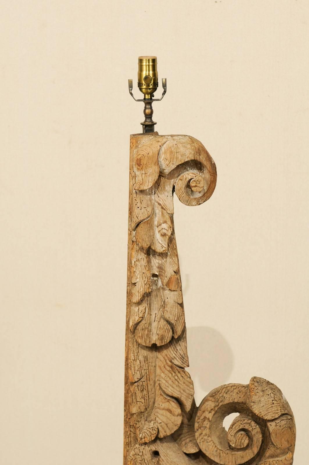 18th Century Italian Carved Wood Fragment Made into a Floor Lamp, Light Brown In Good Condition In Atlanta, GA