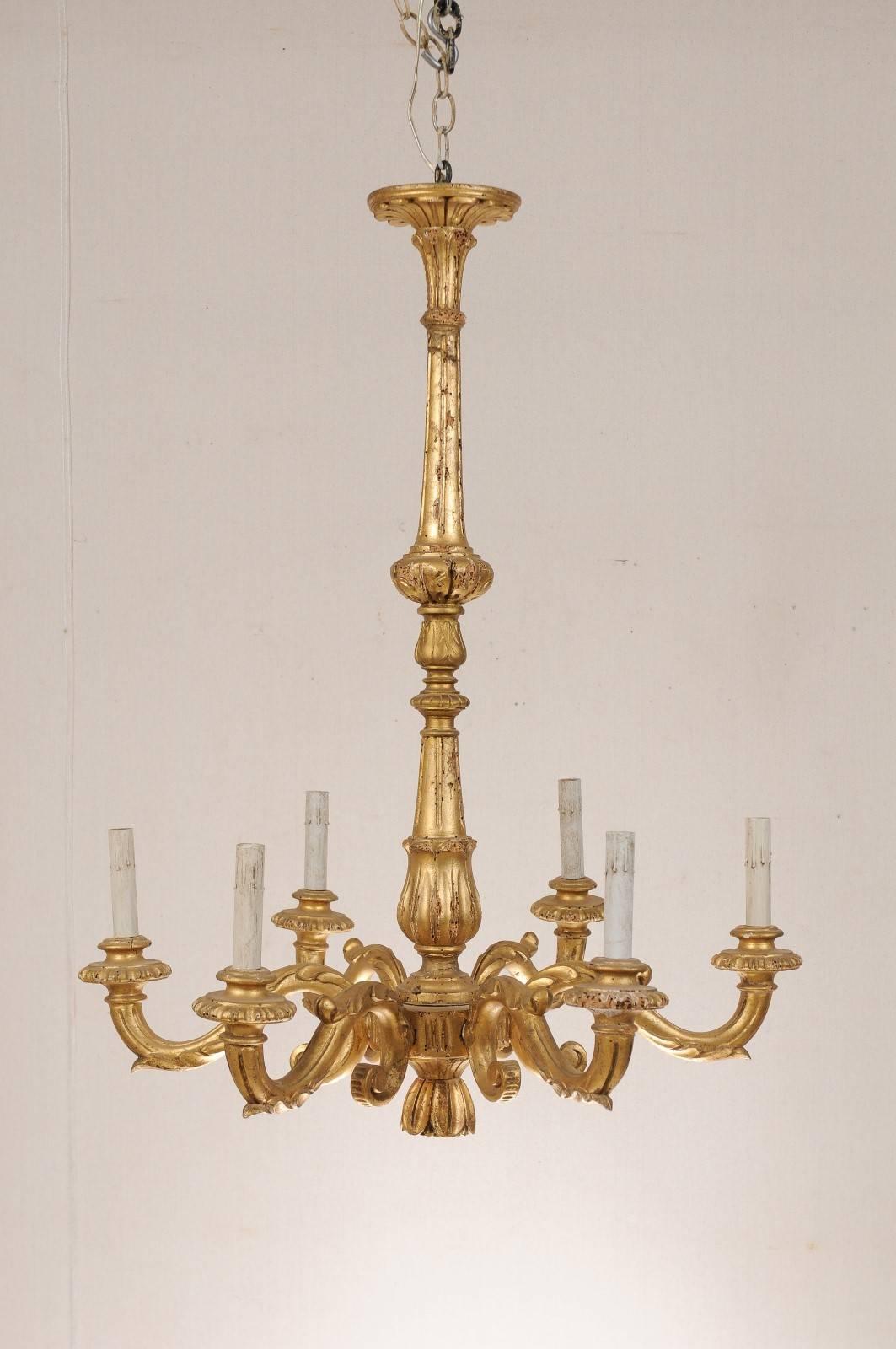 Italian Gilded Six-Light Chandelier w/ Slender Column & Nicely Carved Details In Good Condition For Sale In Atlanta, GA