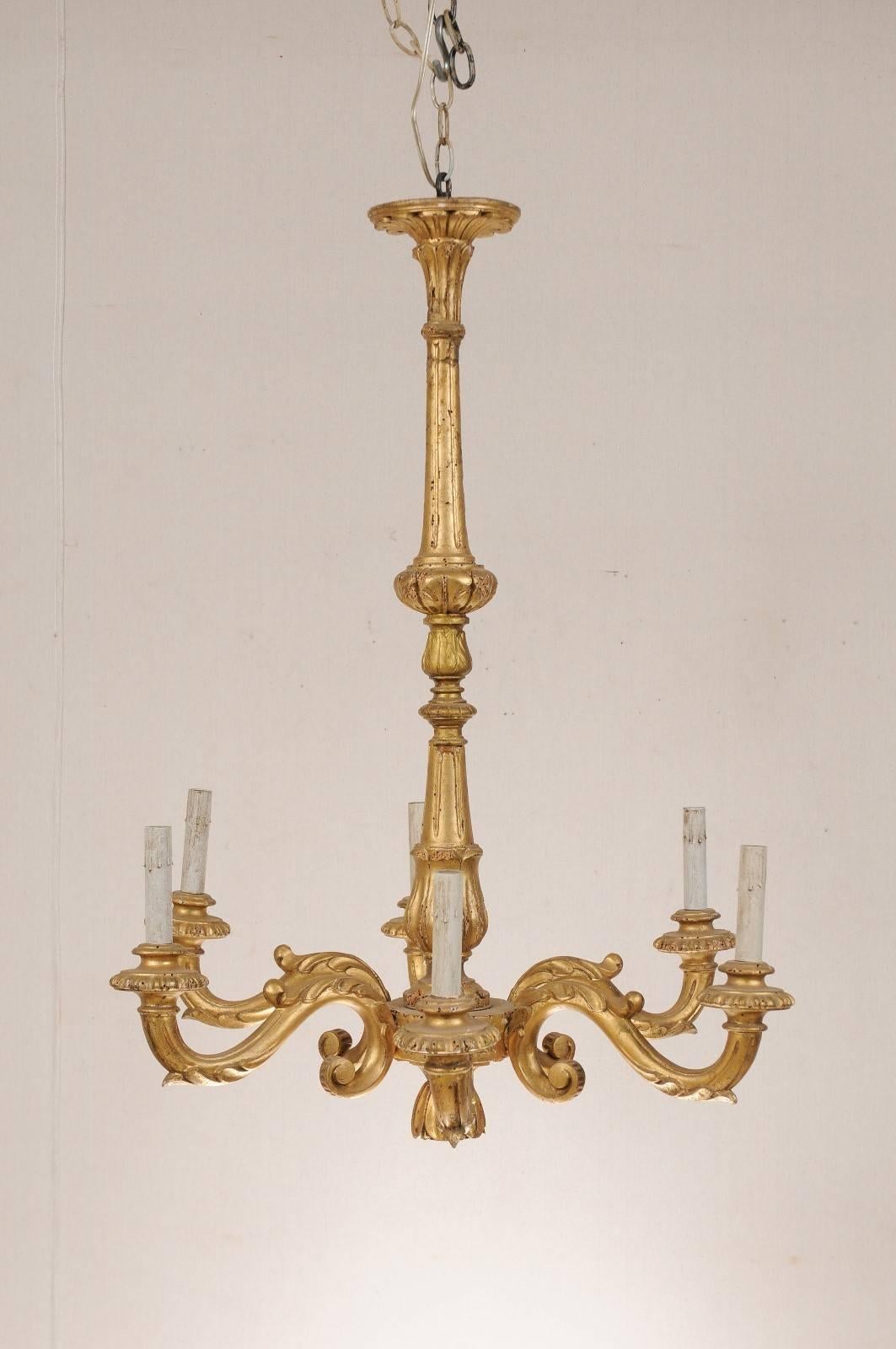 Wood Italian Gilded Six-Light Chandelier w/ Slender Column & Nicely Carved Details For Sale