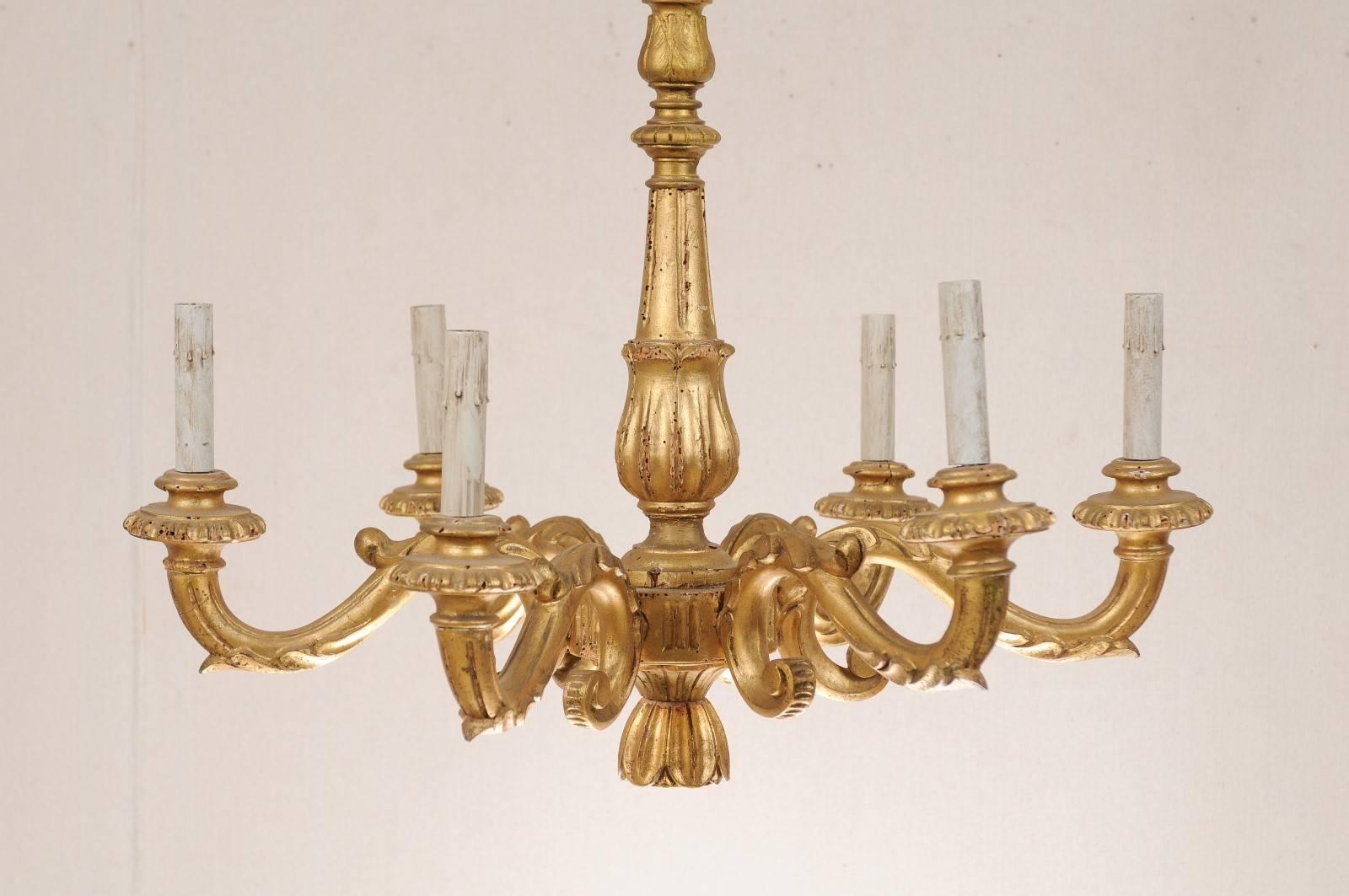 Italian Gilded Six-Light Chandelier w/ Slender Column & Nicely Carved Details For Sale 2