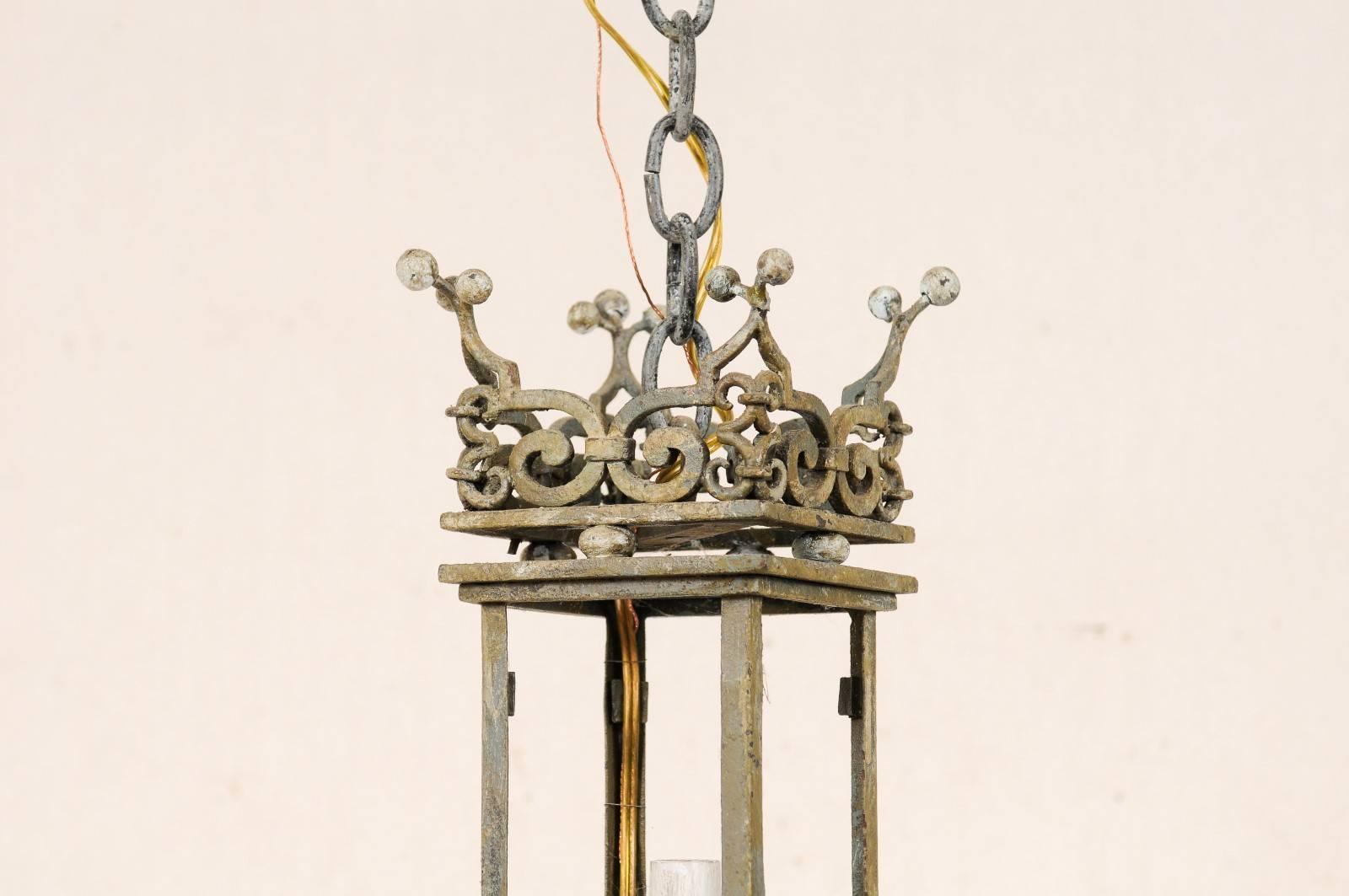 Italian Chandelier with Regal Crown at the Top, Hand-Forged Iron & Painted Wood 4