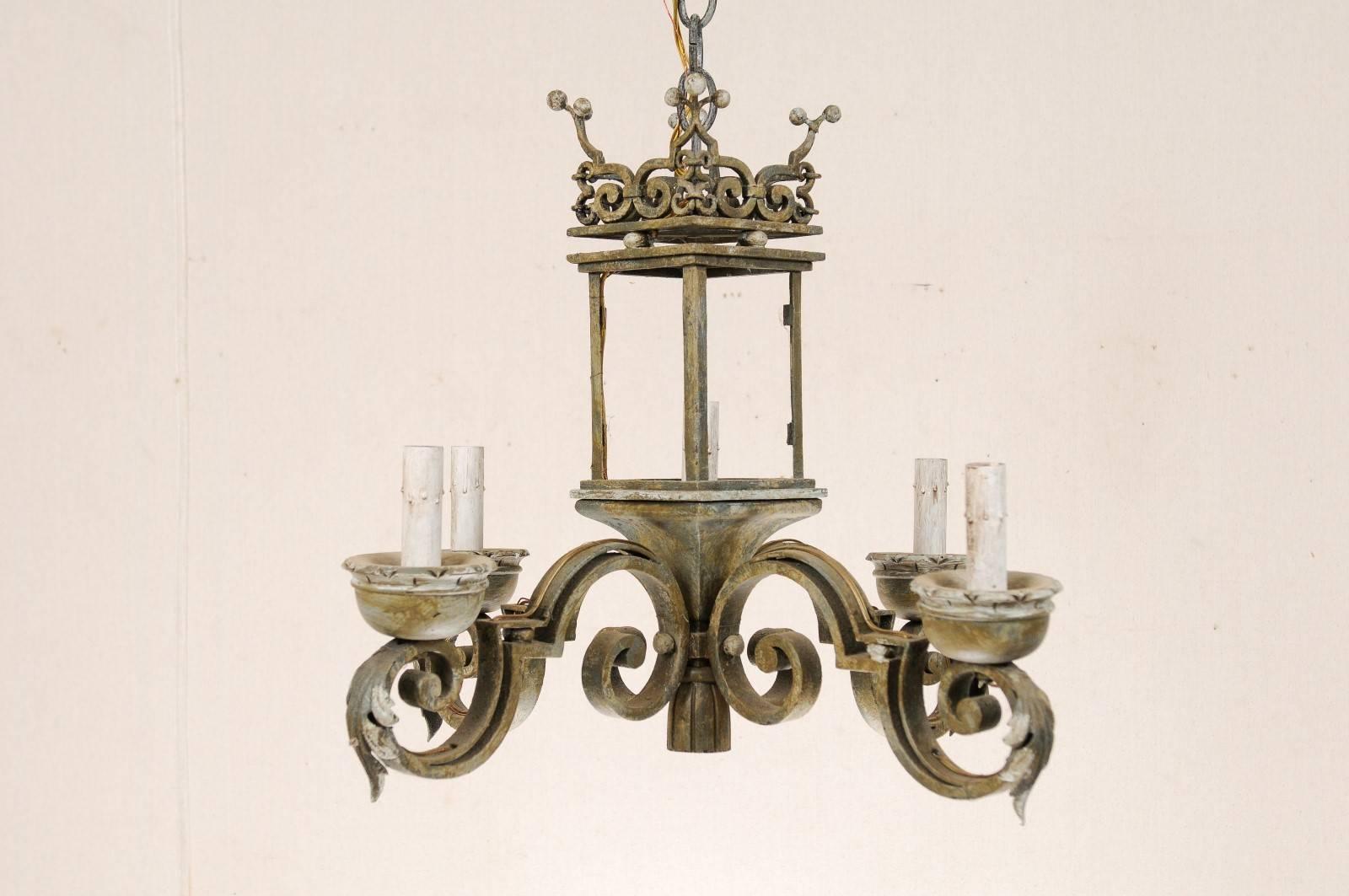 Italian Chandelier with Regal Crown at the Top, Hand-Forged Iron & Painted Wood In Good Condition In Atlanta, GA
