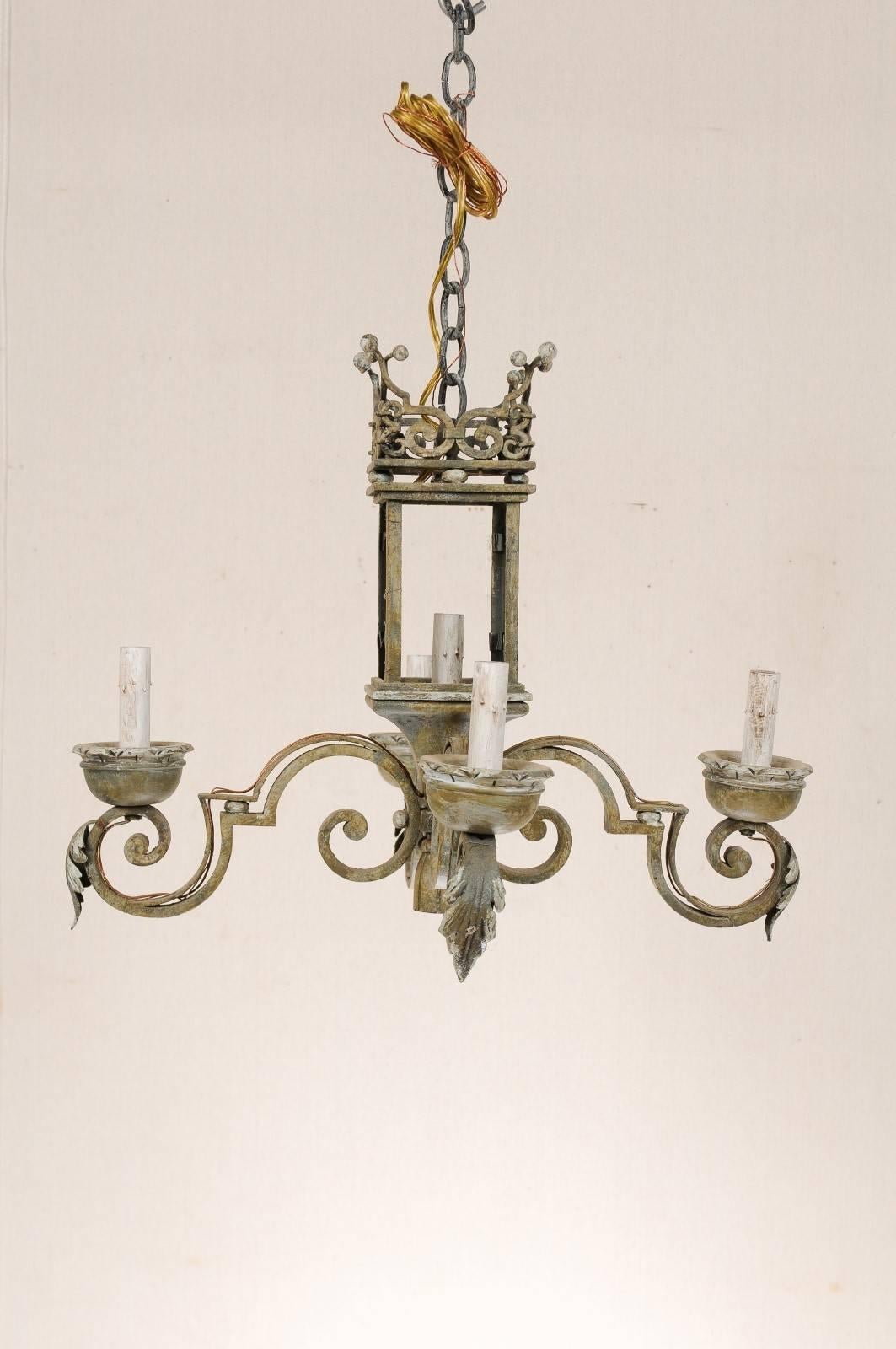 20th Century Italian Chandelier with Regal Crown at the Top, Hand-Forged Iron & Painted Wood
