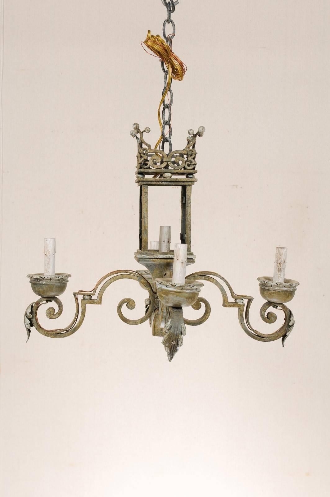 20th Century Crown Motif Italian Chandelier with Hand-Forged Iron & Painted Wood For Sale