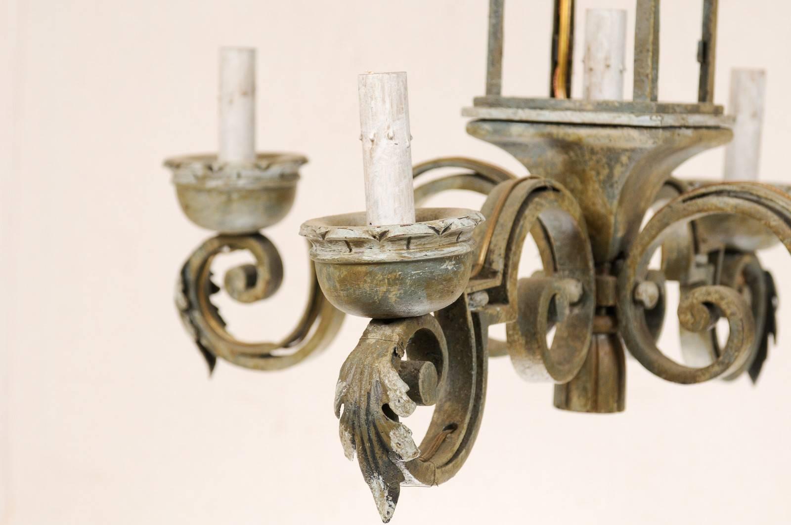 Italian Chandelier with Regal Crown at the Top, Hand-Forged Iron & Painted Wood 2