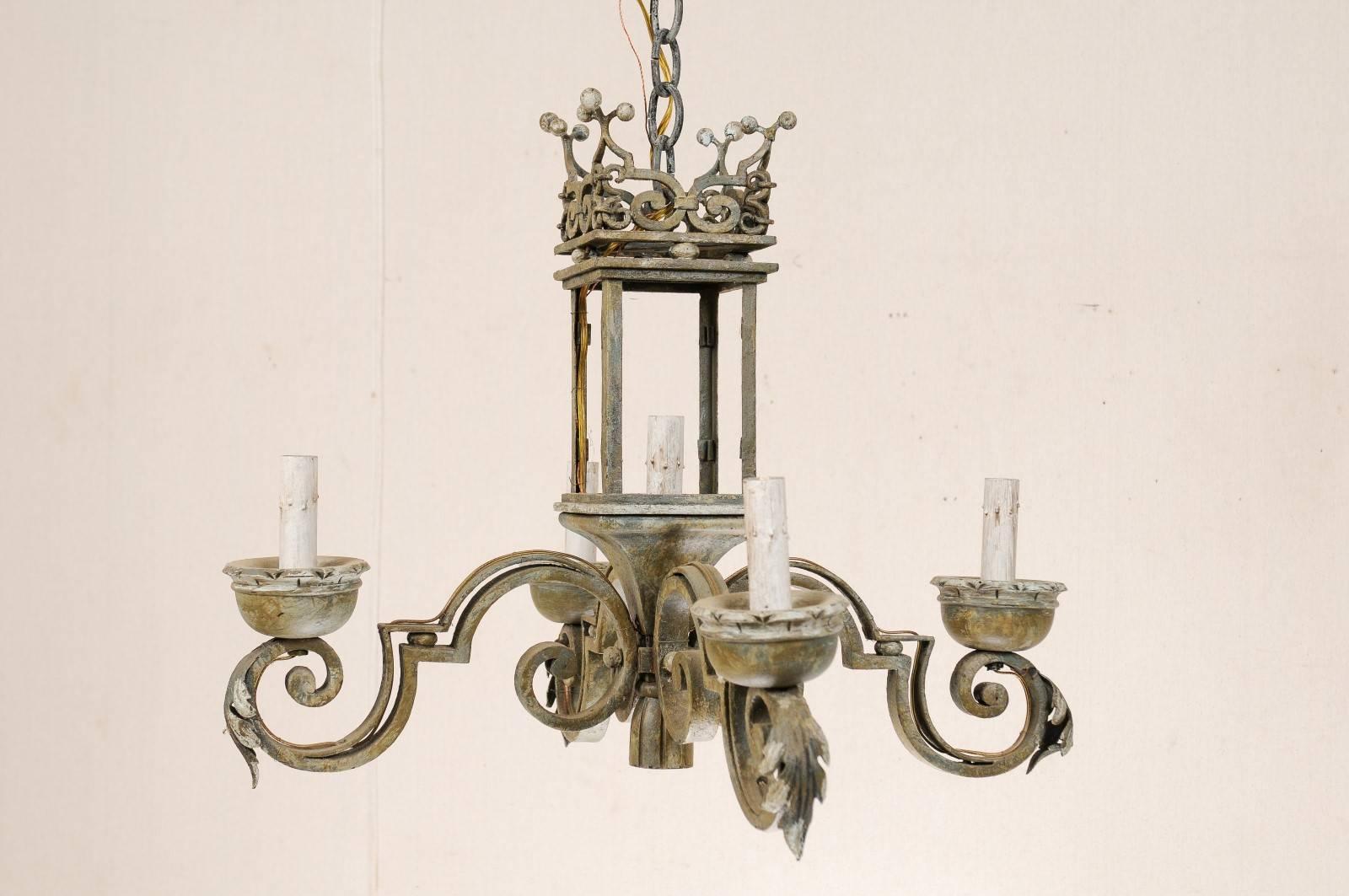 Italian Chandelier with Regal Crown at the Top, Hand-Forged Iron & Painted Wood 1