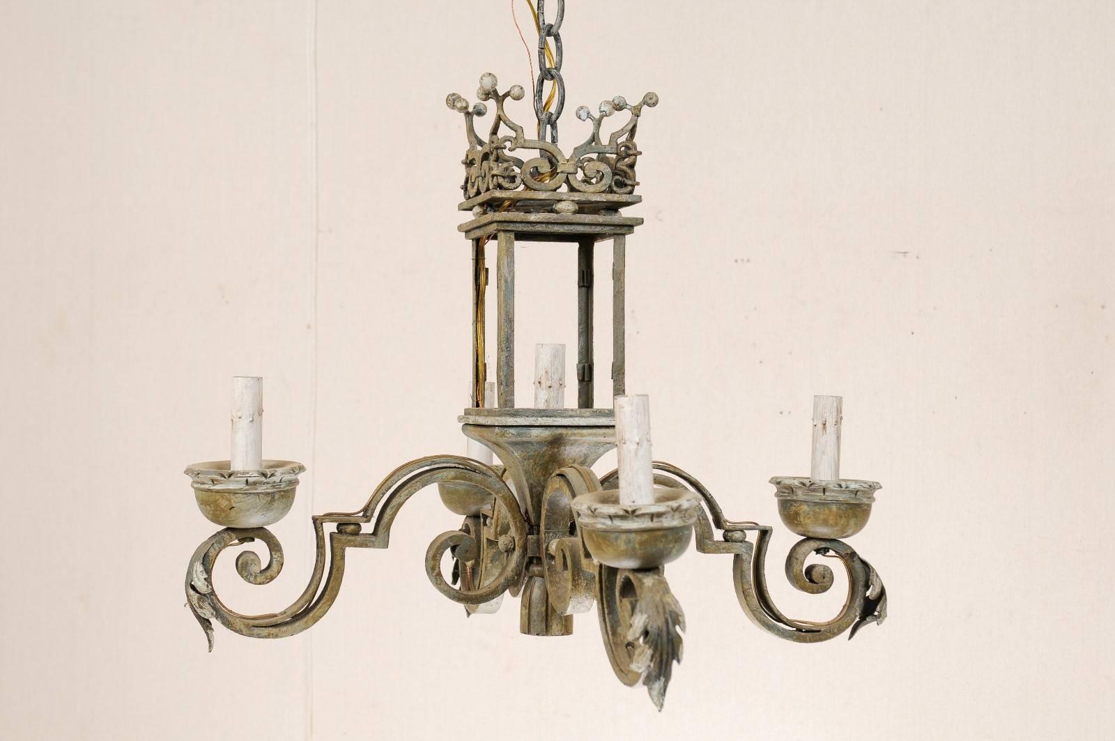 Crown Motif Italian Chandelier with Hand-Forged Iron & Painted Wood For Sale 1