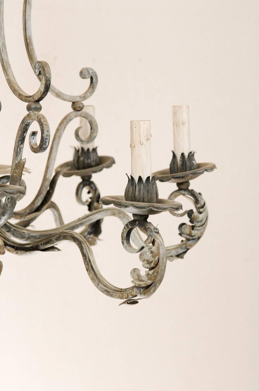 French Painted 8-Light Forged-Iron Chandelier Adorn w/ Acanthus Leaves & Scrolls 1