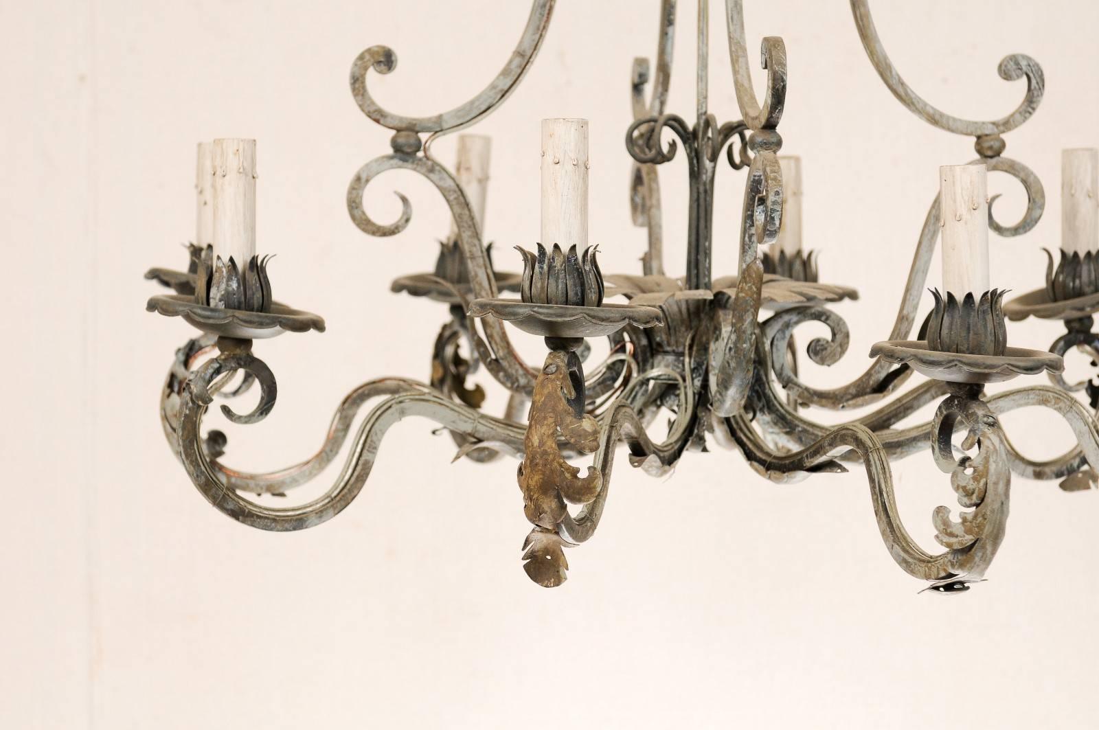 French Painted 8-Light Forged-Iron Chandelier Adorn w/ Acanthus Leaves & Scrolls 2