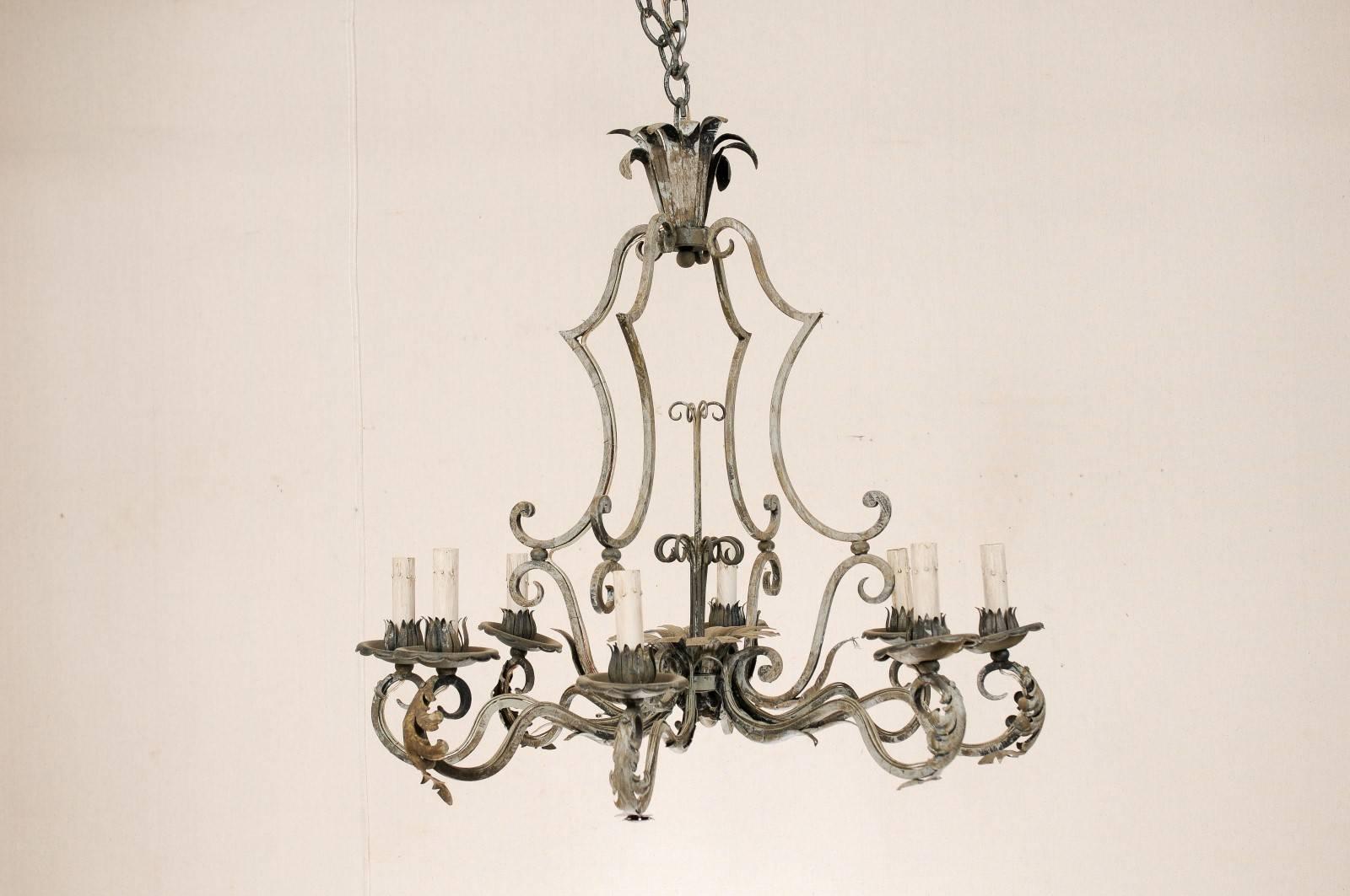 French Painted 8-Light Forged-Iron Chandelier Adorn w/ Acanthus Leaves & Scrolls In Good Condition In Atlanta, GA