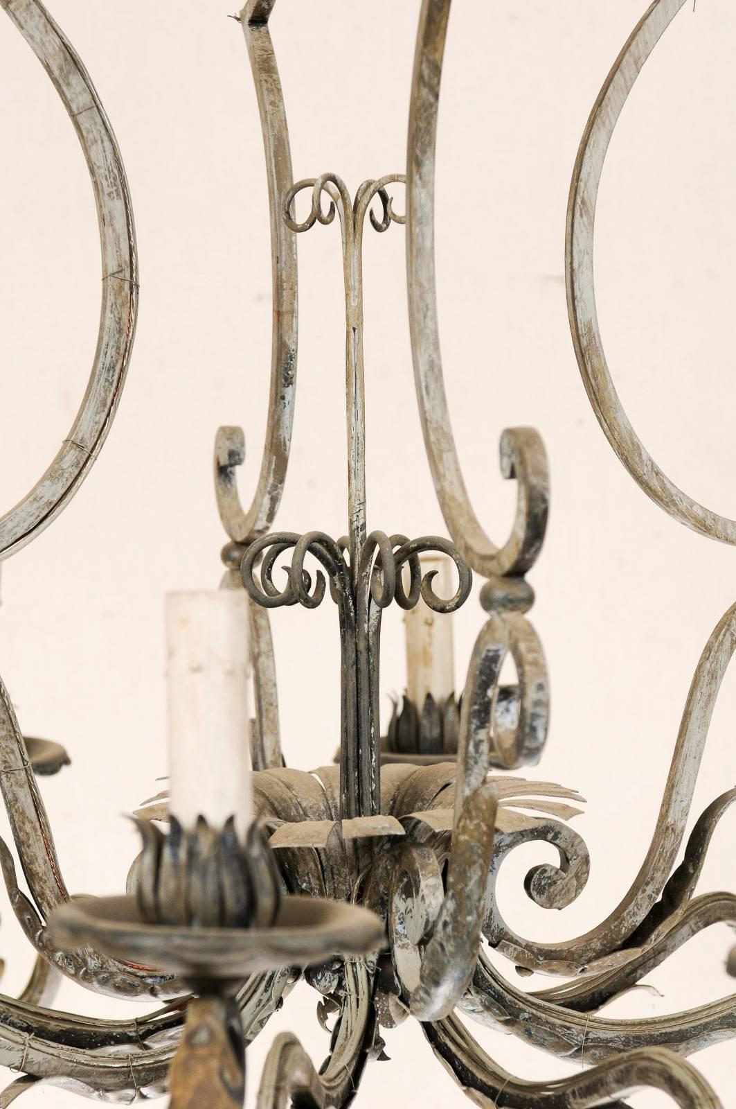 French Painted 8-Light Forged-Iron Chandelier Adorn w/ Acanthus Leaves & Scrolls 3