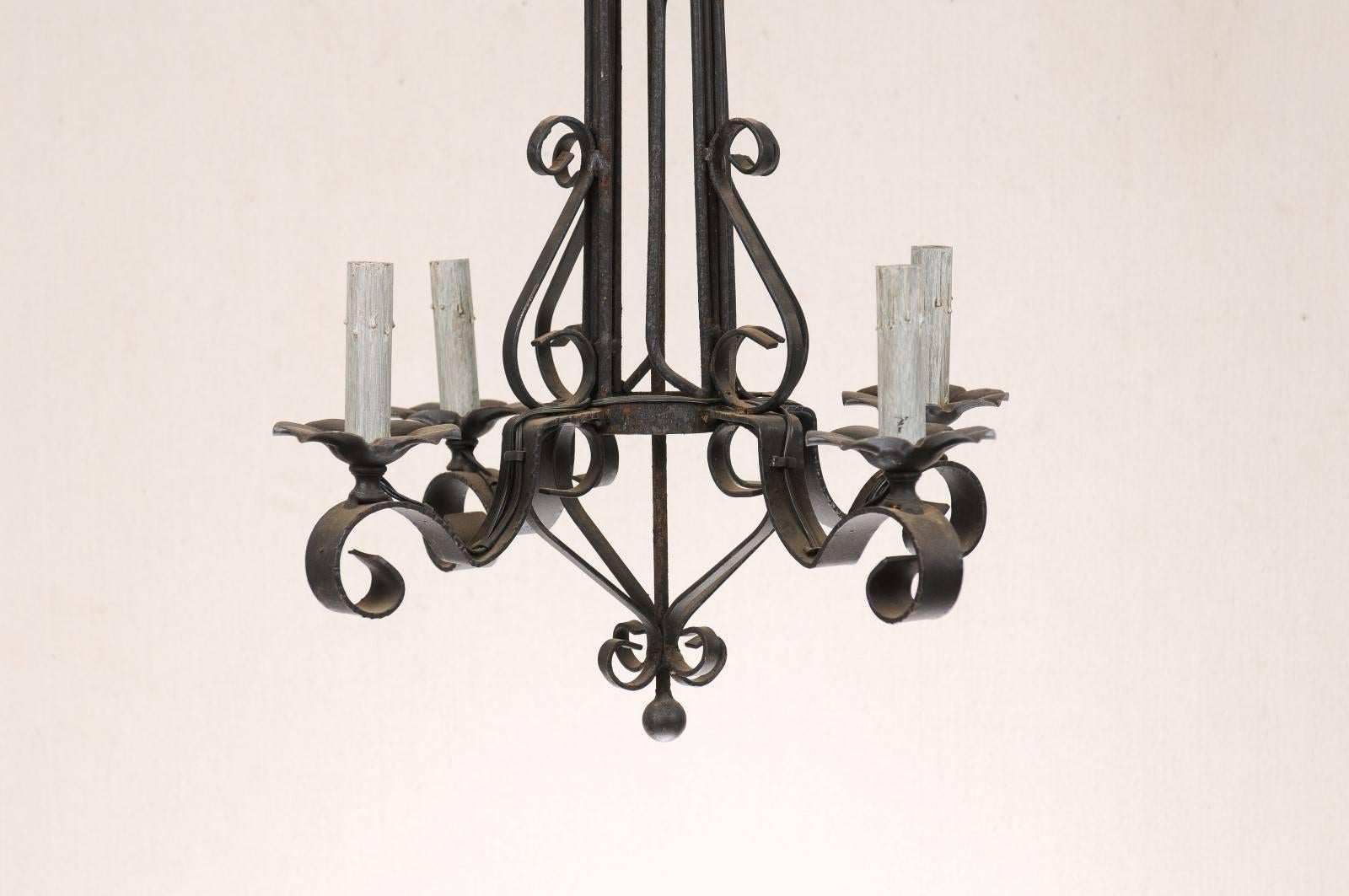 Tall French Four Light Black Iron C-Scrolled and S-Scrolled Chandelier For Sale 1