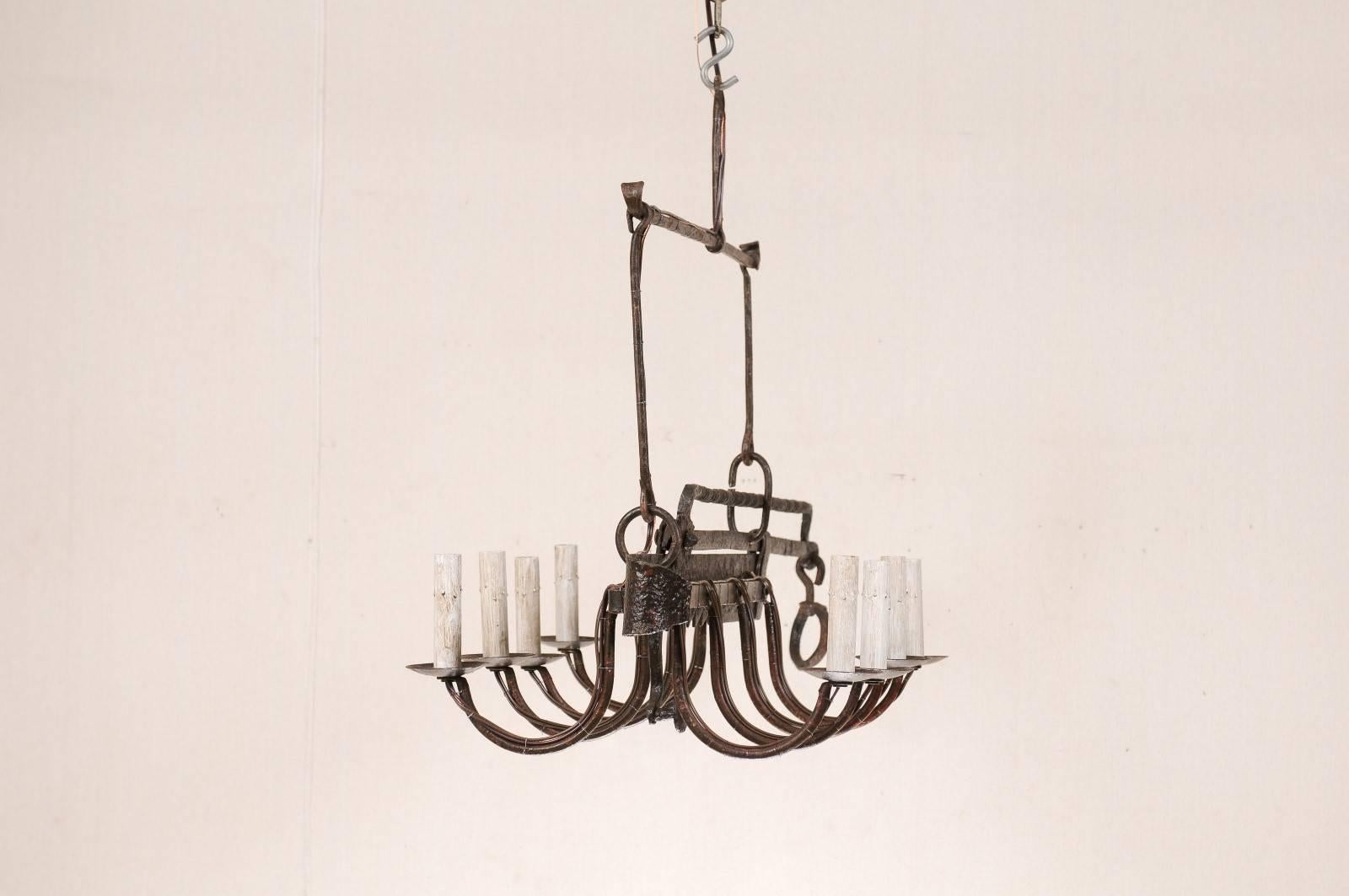 Rustic French Mid-Century Eight-Light Chandelier Made of 19th Century Spit Jack