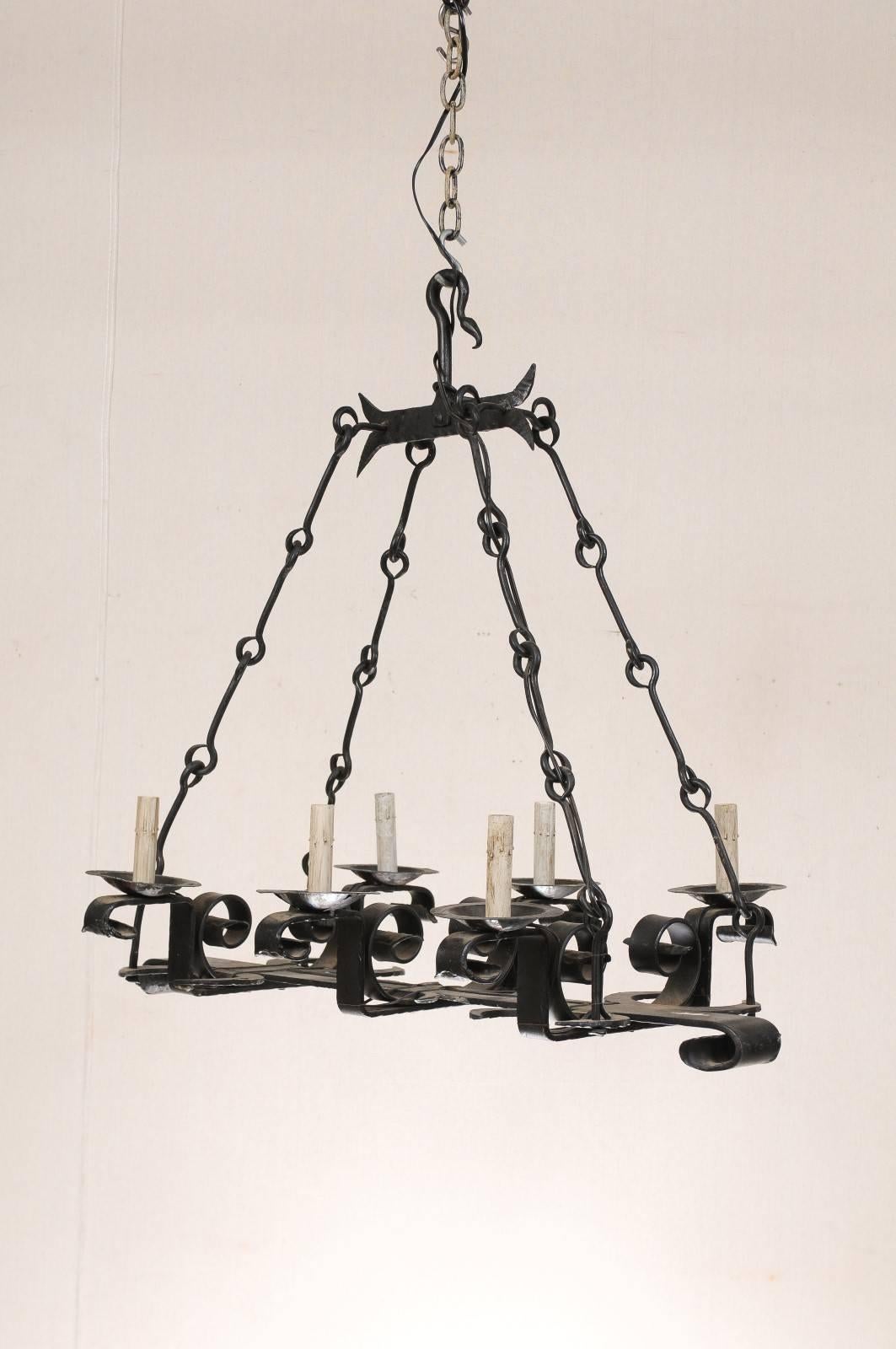 French Forged Iron Chandelier with Six Lights and Black Color In Good Condition In Atlanta, GA