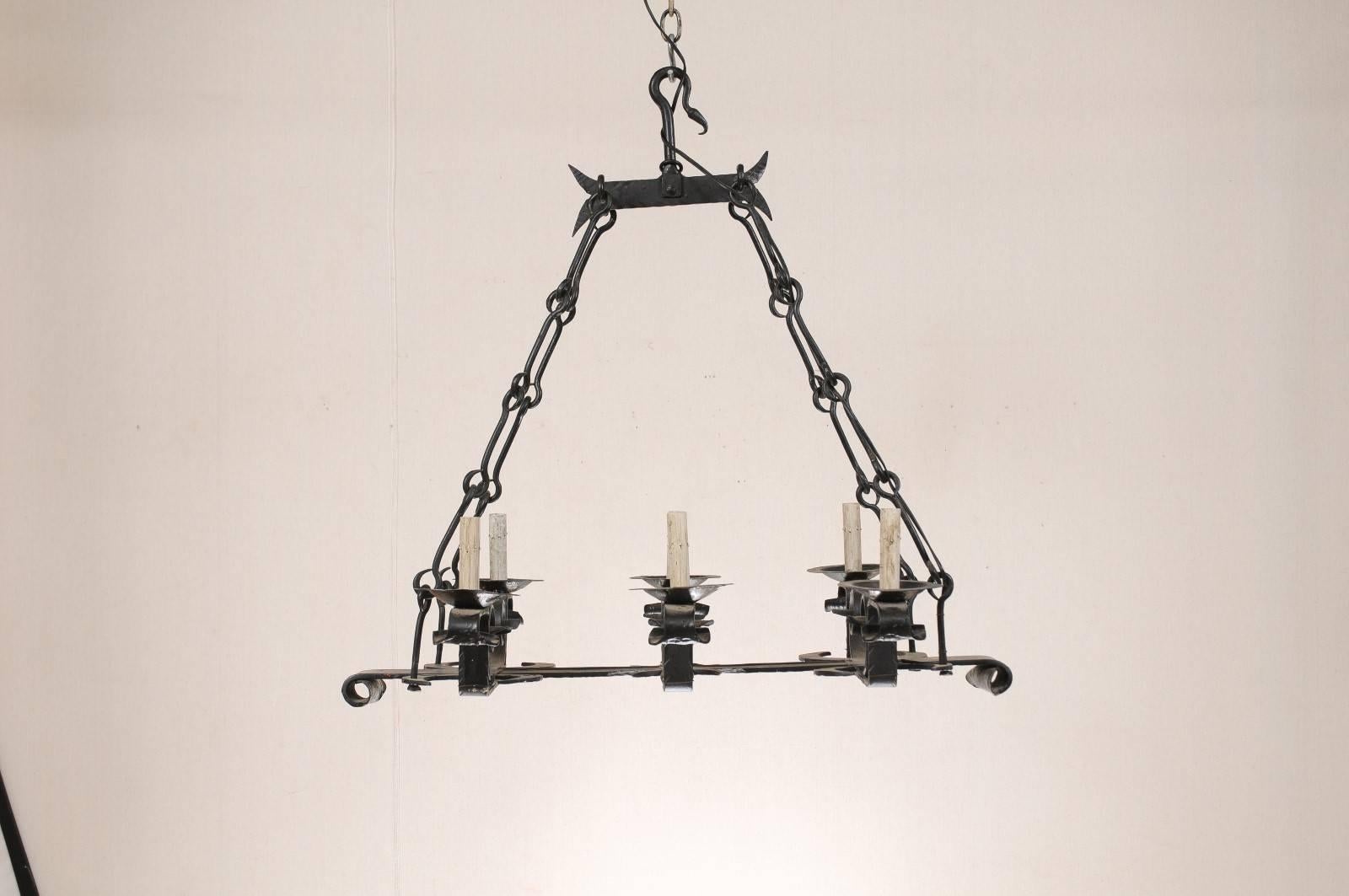 20th Century French Forged Iron Chandelier with Six Lights and Black Color