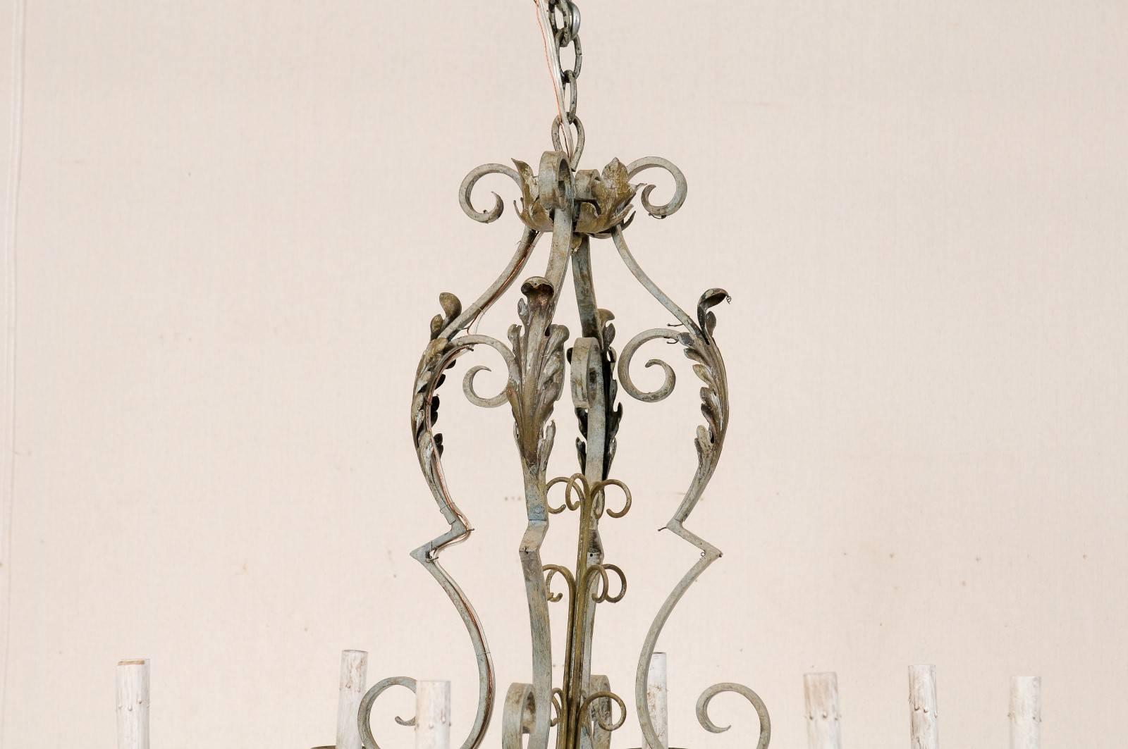 20th Century Ornate French Painted Iron Eight-Light Chandelier with Acanthus Leaves