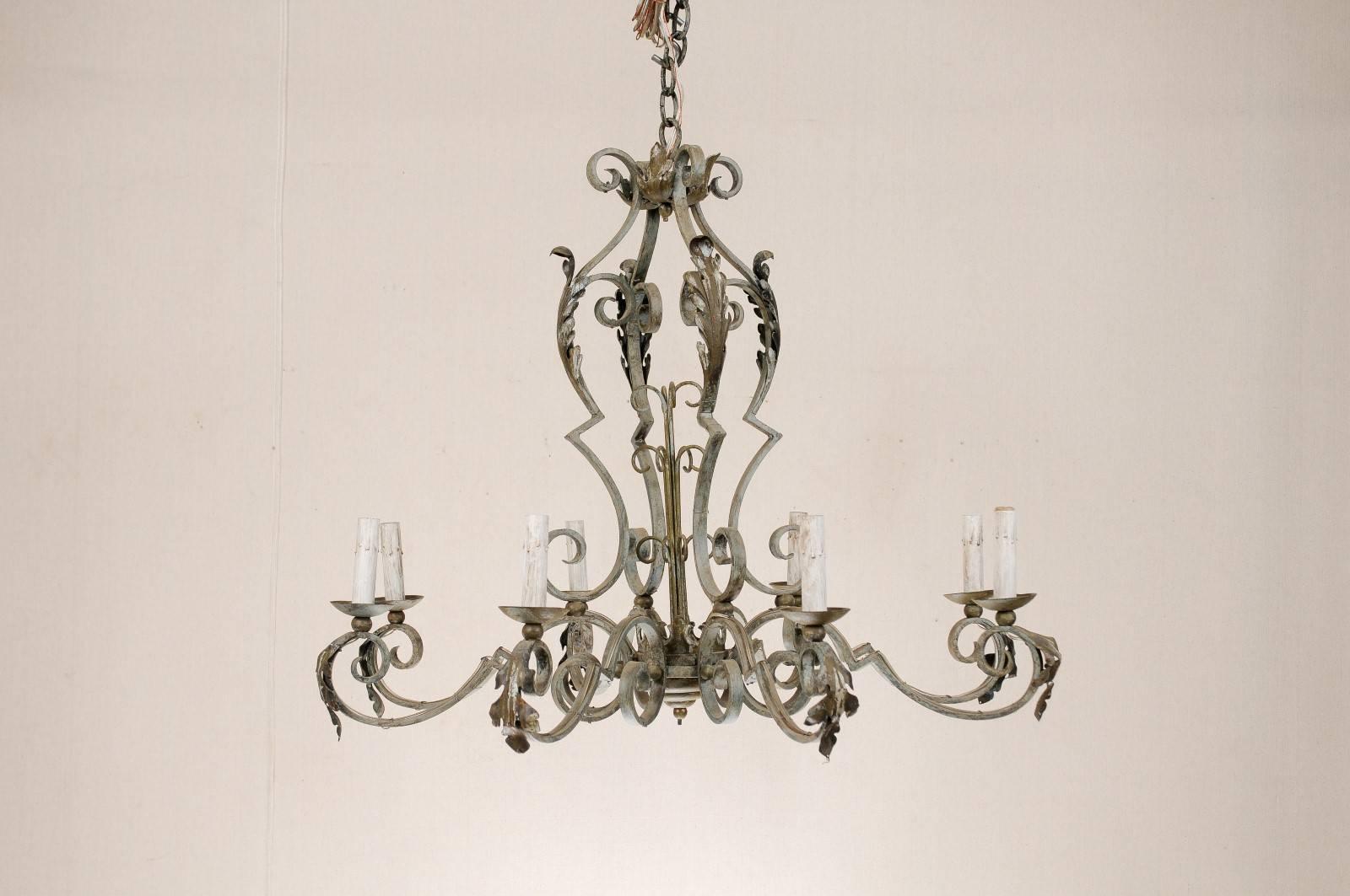 Ornate French Painted Iron Eight-Light Chandelier with Acanthus Leaves In Good Condition In Atlanta, GA