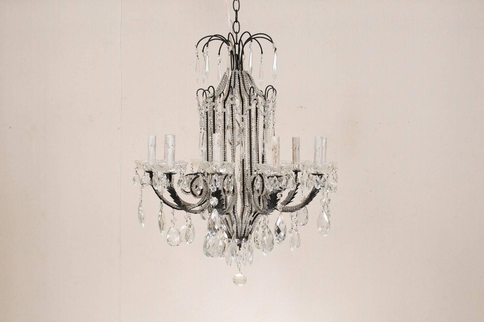 Beaded Italian Ten-Light Crystal Chandelier with Black Wrought Iron Armature For Sale