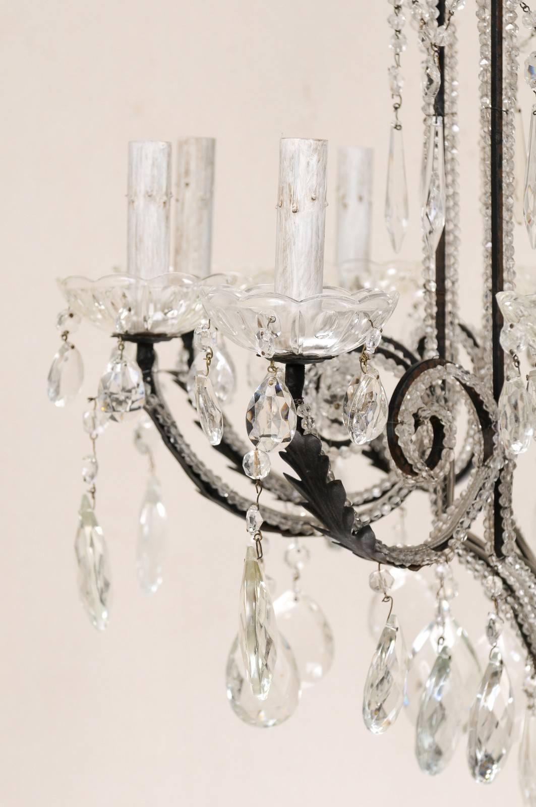 20th Century Italian Ten-Light Crystal Chandelier with Black Wrought Iron Armature For Sale
