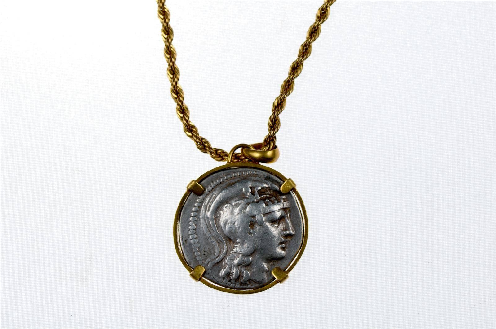 18th Century and Earlier Authentic Greek Athenian Owl Coin, circa 450 BC, Set in 22-Karat Gold Bezel