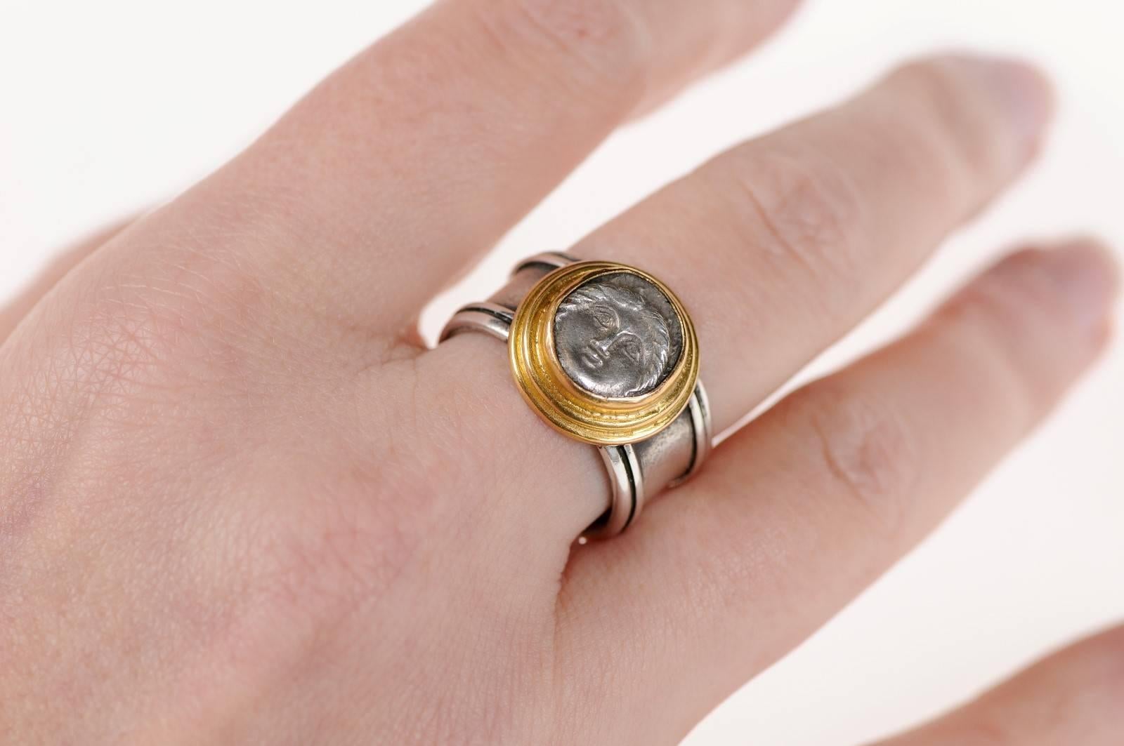 Classical Greek Authentic Greek Apollonia Pontika Coin, Silver and 22-Karat Gold Banded Ring