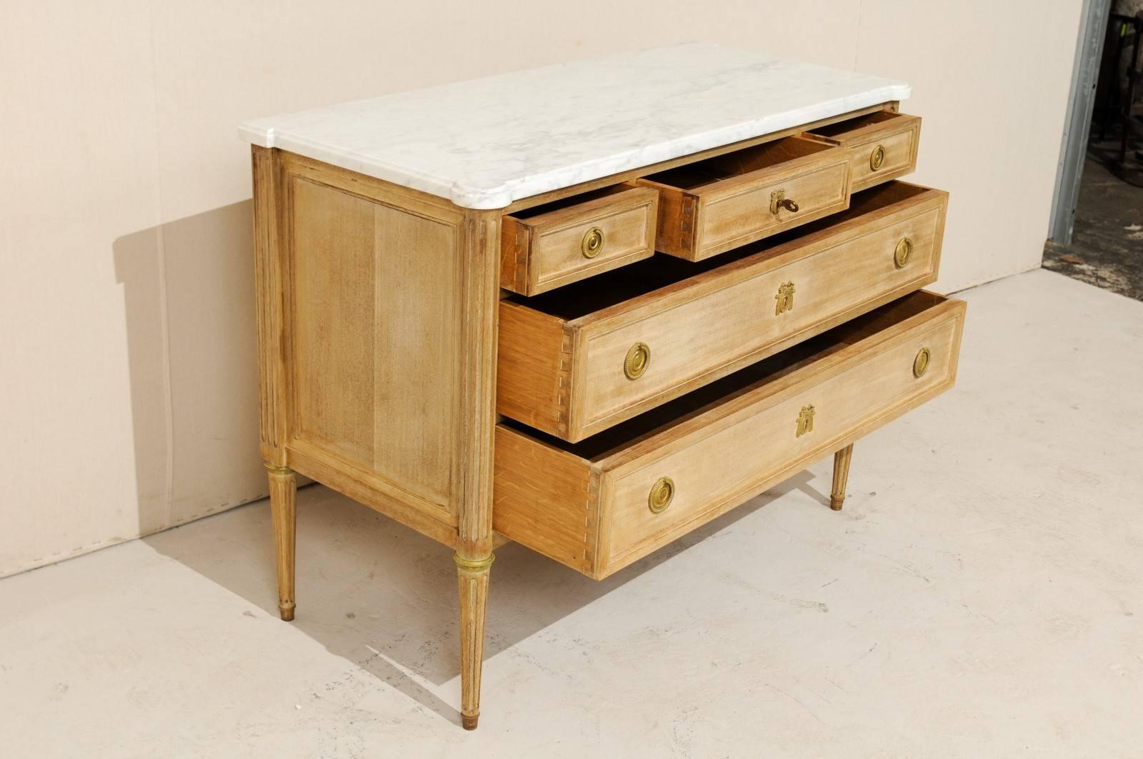 20th Century French Marble-Top Chest of Bleached Mahogany Wood with Gold Colored Accents