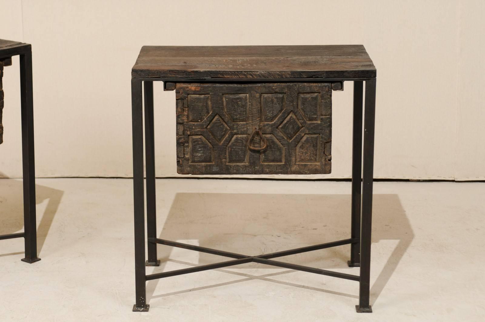 Hand-Carved Pair of 18th Century Spanish Wood Chests on Iron Bases with Geometric Carvings